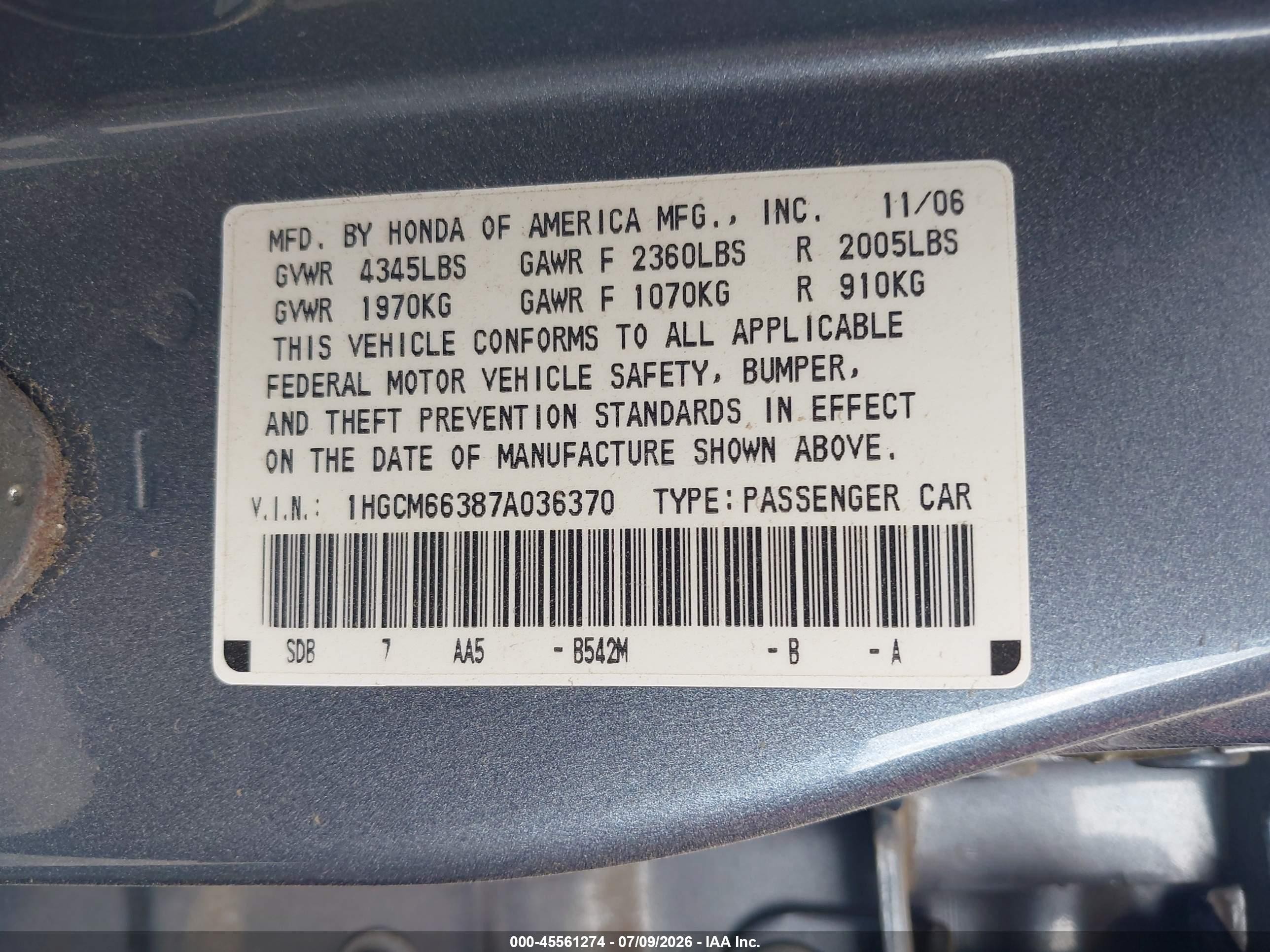 2007 Honda Accord 3.0 Lx Blue vin: 1HGCM66387A036370