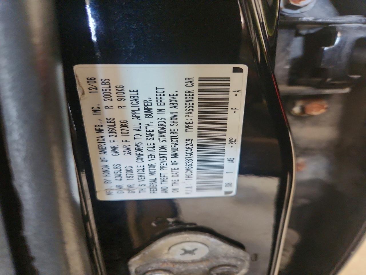 2007 Honda Accord Lx Black vin: 1HGCM66387A046249