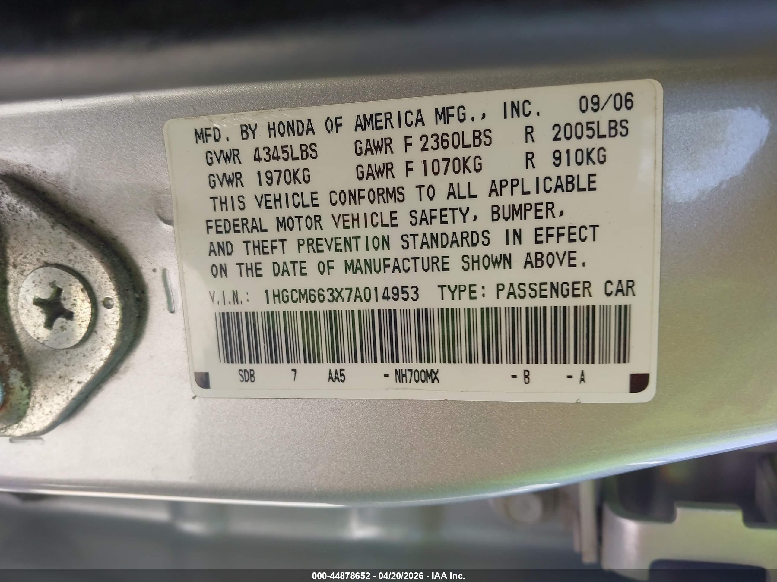 2007 Honda Accord 3.0 Lx Silver vin: 1HGCM663X7A014953
