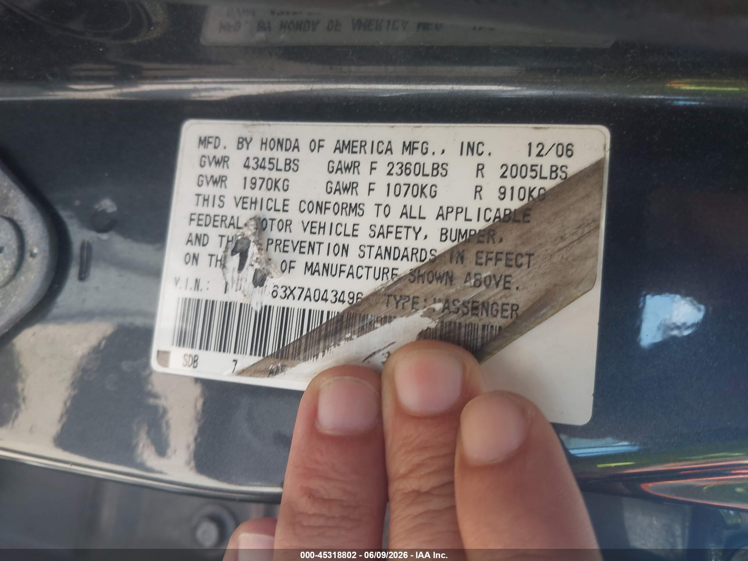 2007 Honda Accord 3.0 Lx Синий vin: 1HGCM663X7A043496