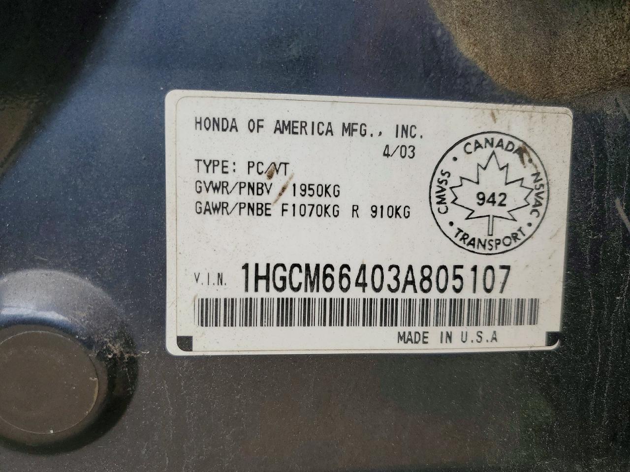 2003 Honda Accord Ex Gray vin: 1HGCM66403A805107