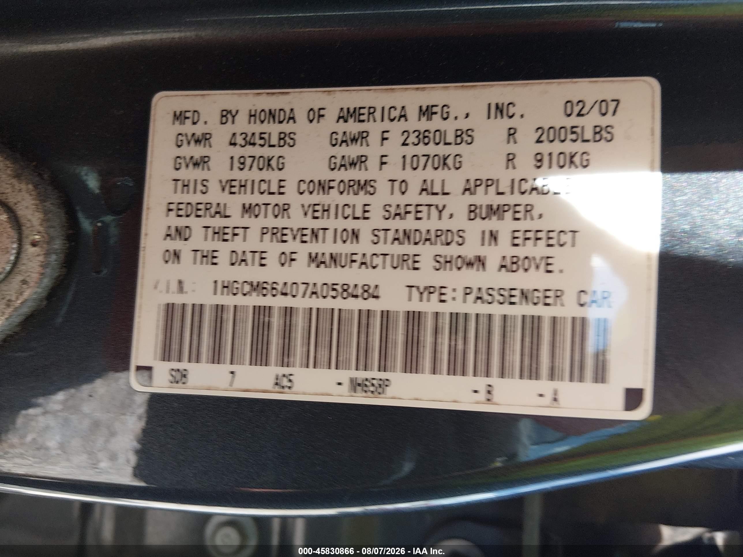 2007 Honda Accord 3.0 Se Gray vin: 1HGCM66407A058484
