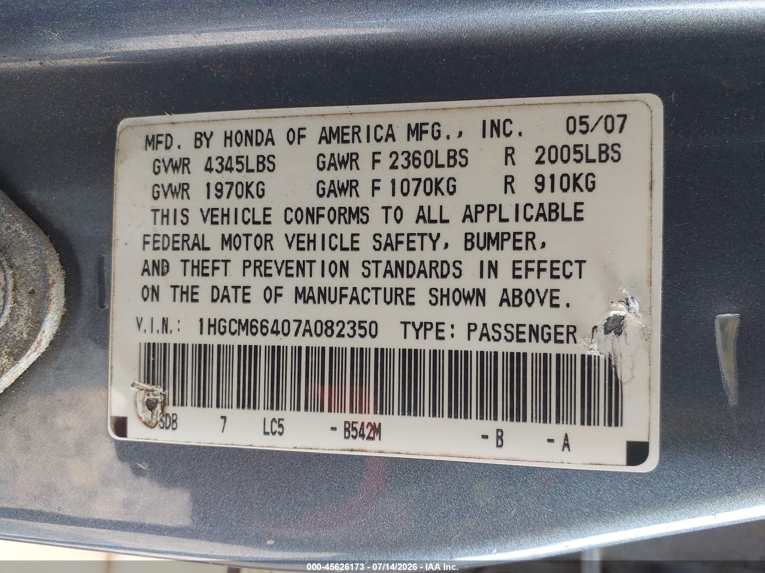 2007 Honda Accord 3.0 Se Light Blue vin: 1HGCM66407A082350