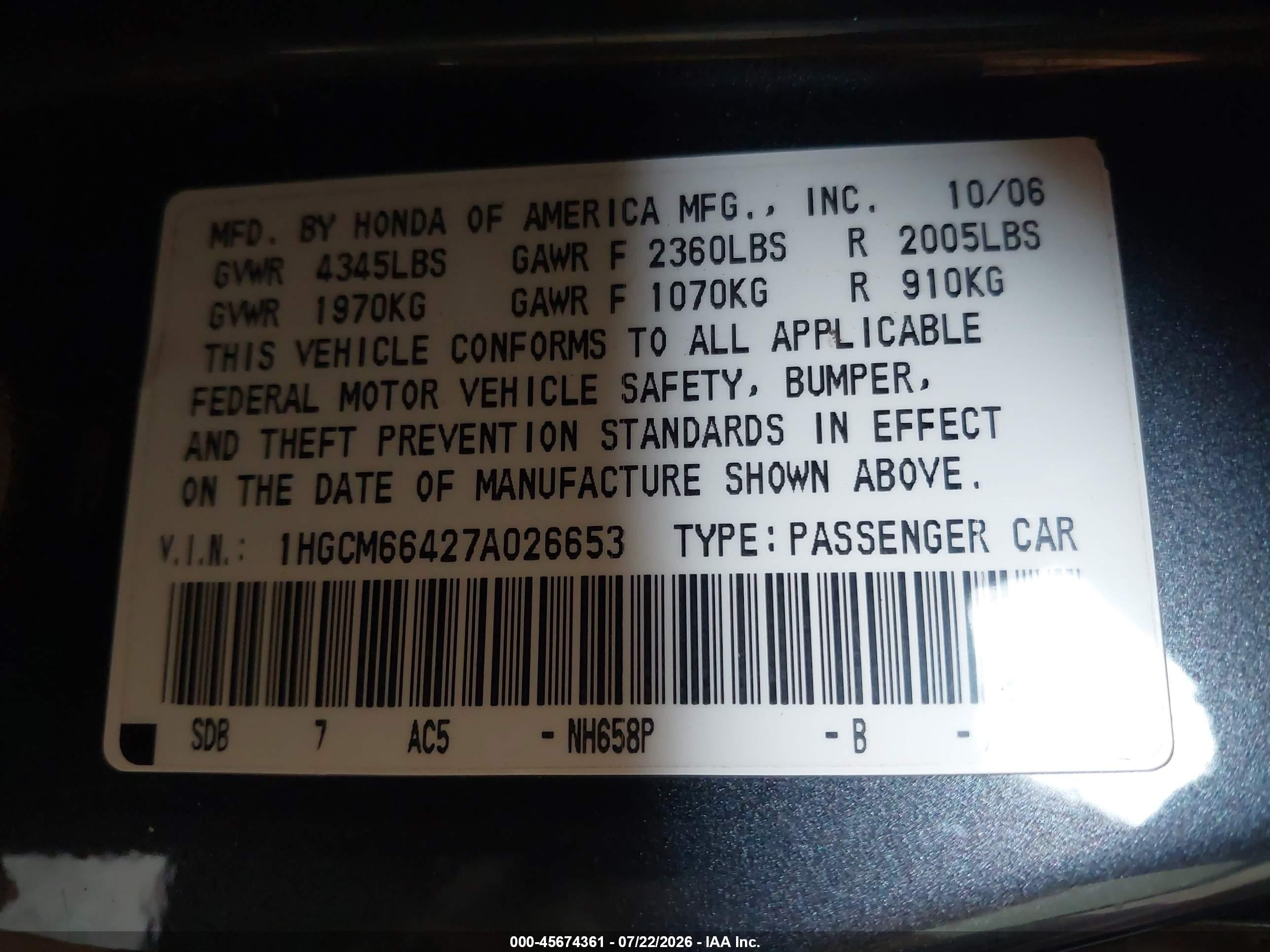 2007 Honda Accord 3.0 Se Gray vin: 1HGCM66427A026653