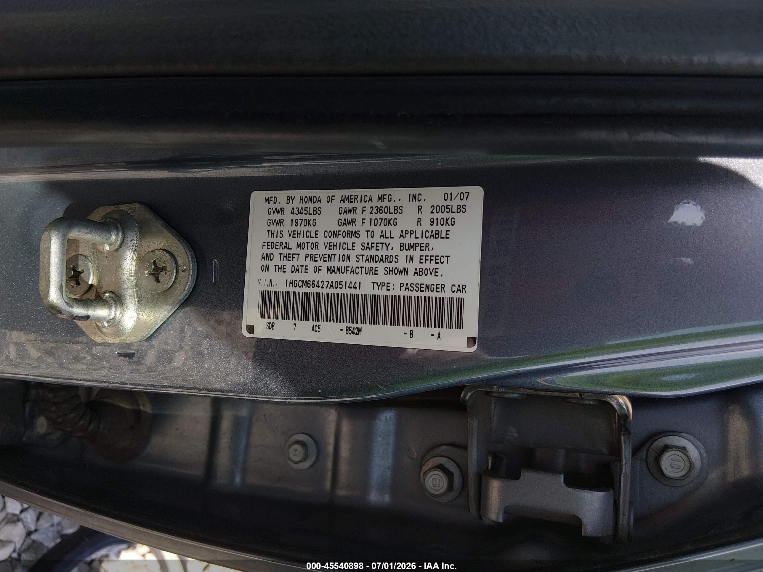 2007 Honda Accord 3.0 Se Blue vin: 1HGCM66427A051441