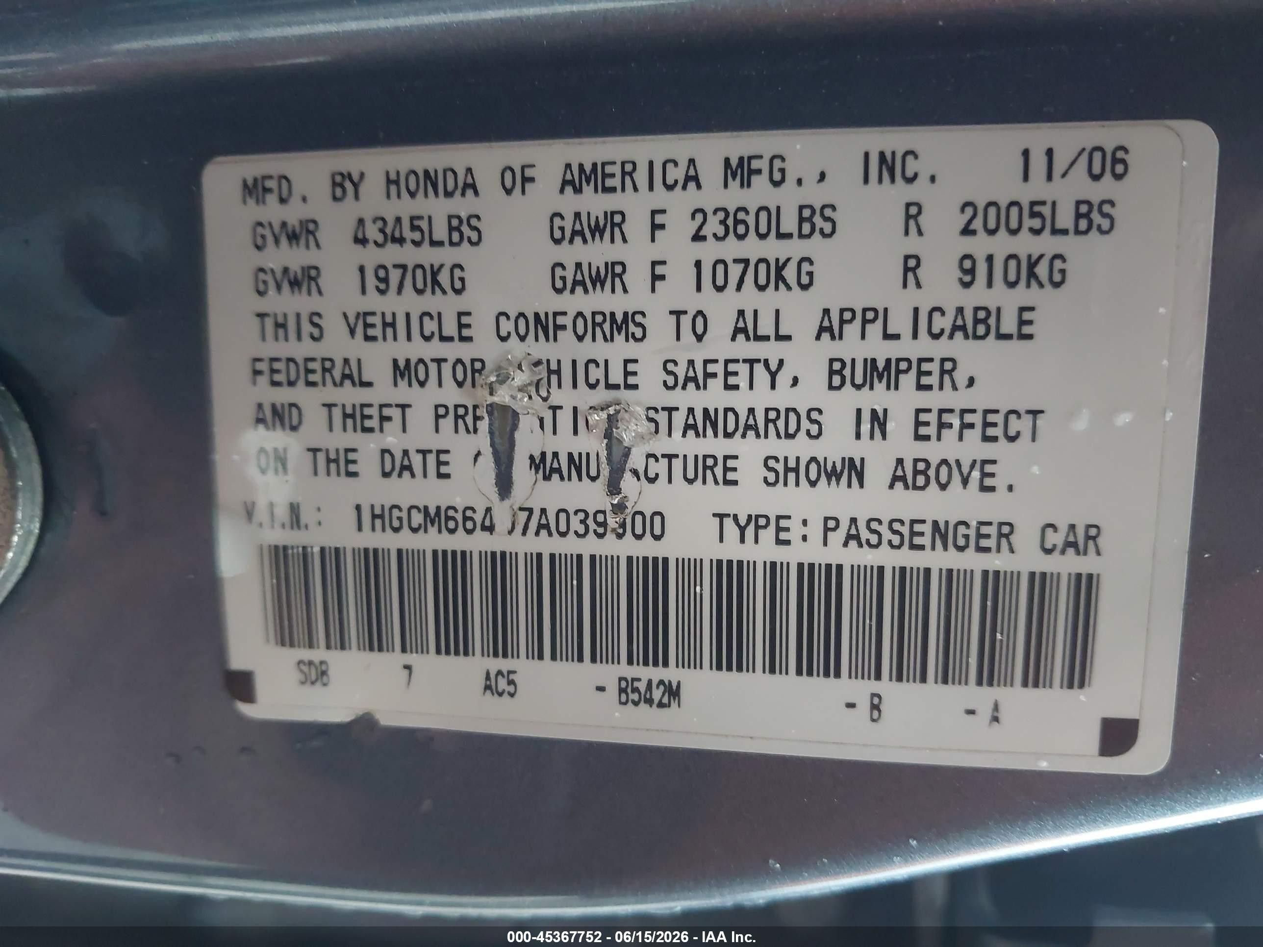 2007 Honda Accord 3.0 Se Light Blue vin: 1HGCM66437A039900