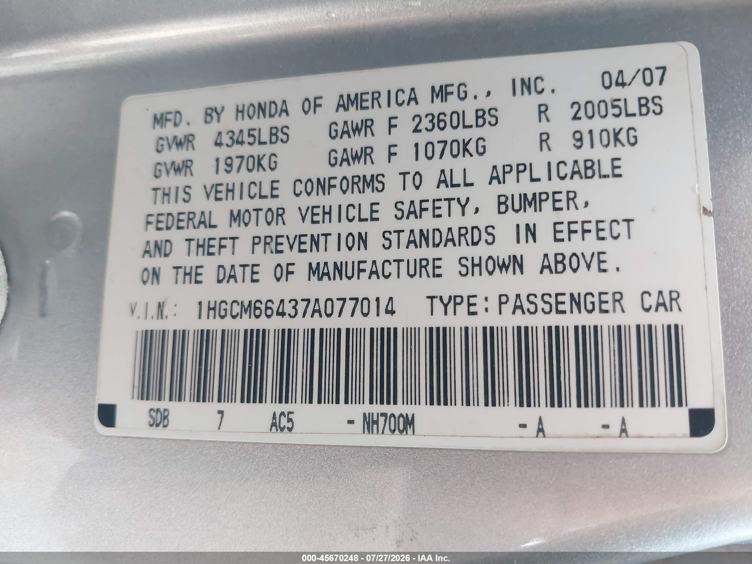 2007 Honda Accord 3.0 Se Silver vin: 1HGCM66437A077014