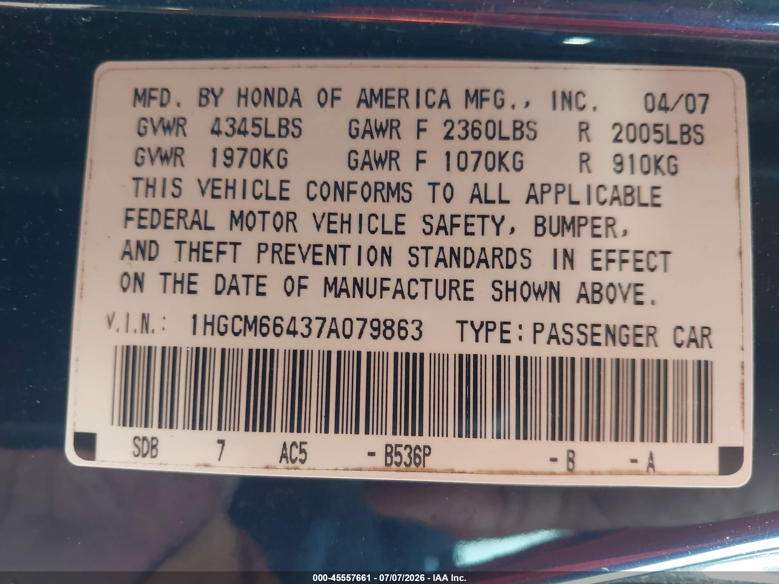 2007 Honda Accord 3.0 Se Blue vin: 1HGCM66437A079863