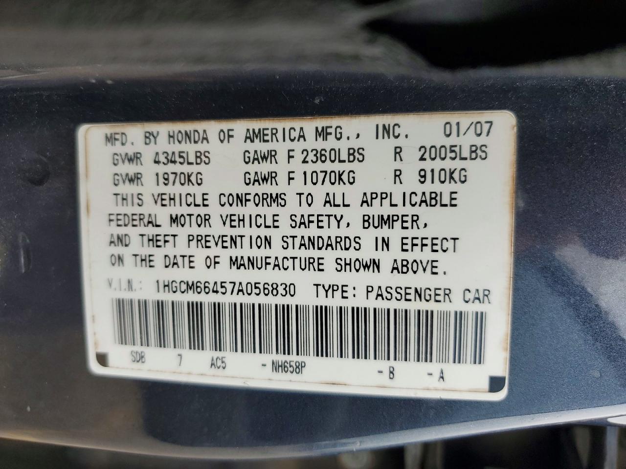 2007 Honda Accord Se Gray vin: 1HGCM66457A056830