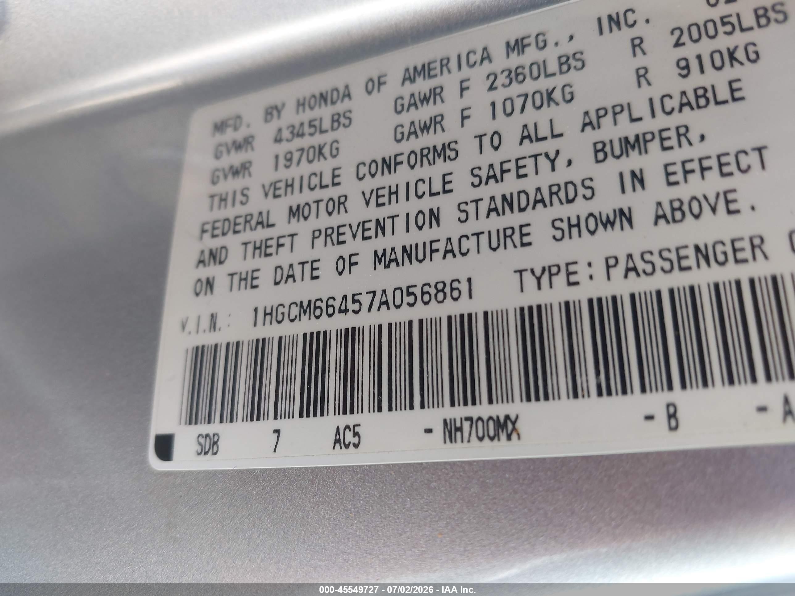 2007 Honda Accord 3.0 Se Silver vin: 1HGCM66457A056861