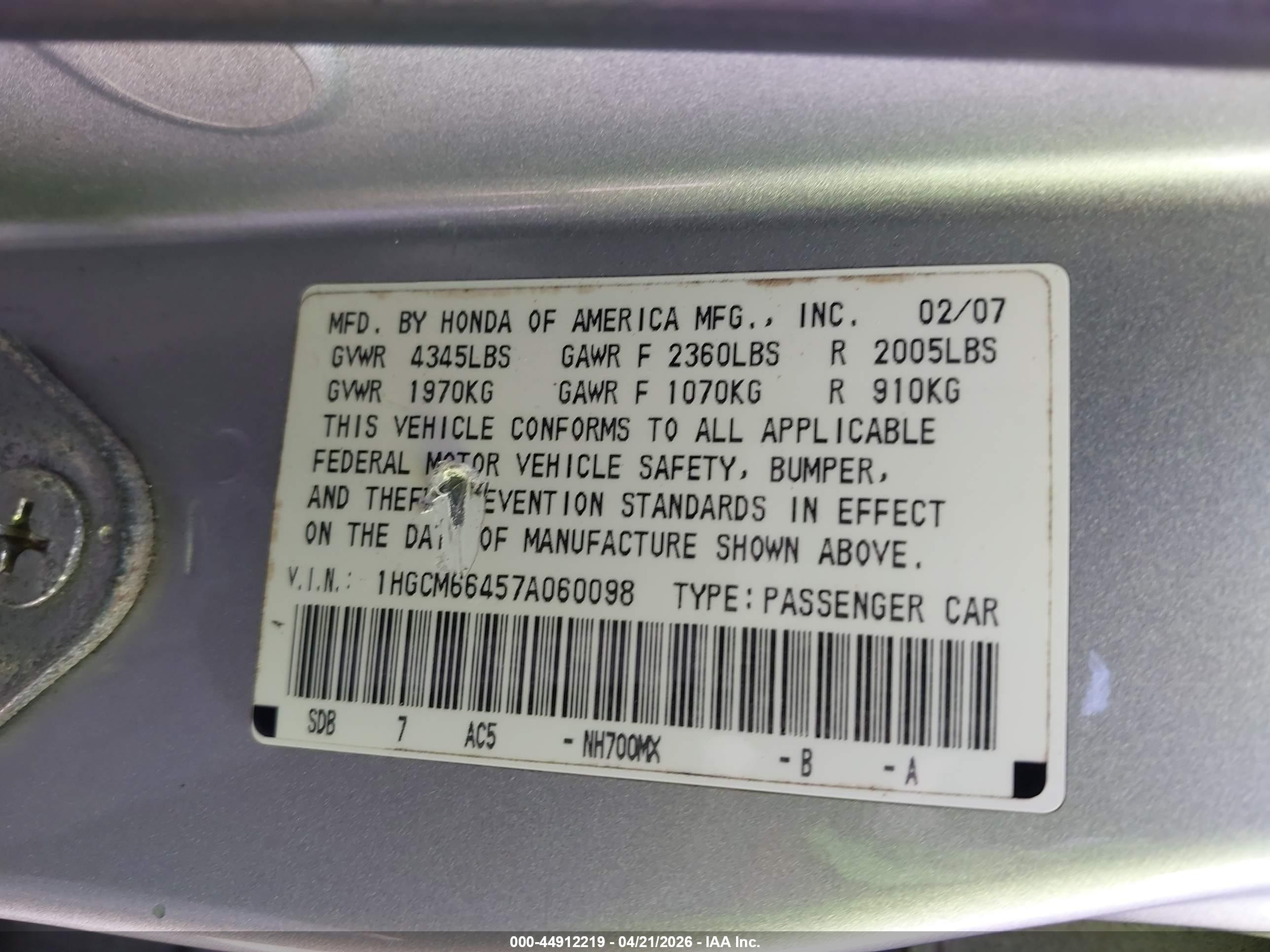 2007 Honda Accord 3.0 Se Silver vin: 1HGCM66457A060098