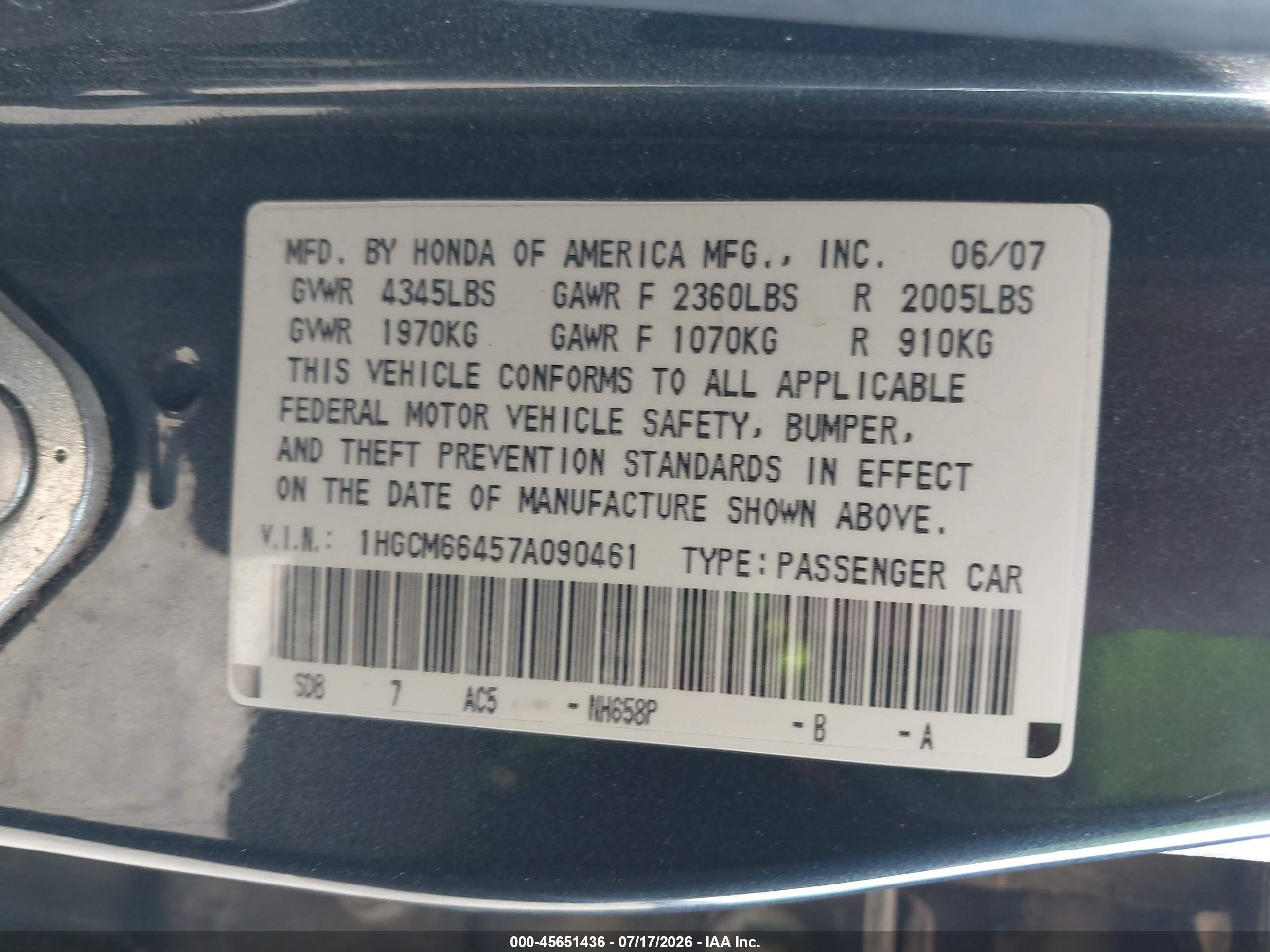 2007 Honda Accord 3.0 Se Gray vin: 1HGCM66457A090461