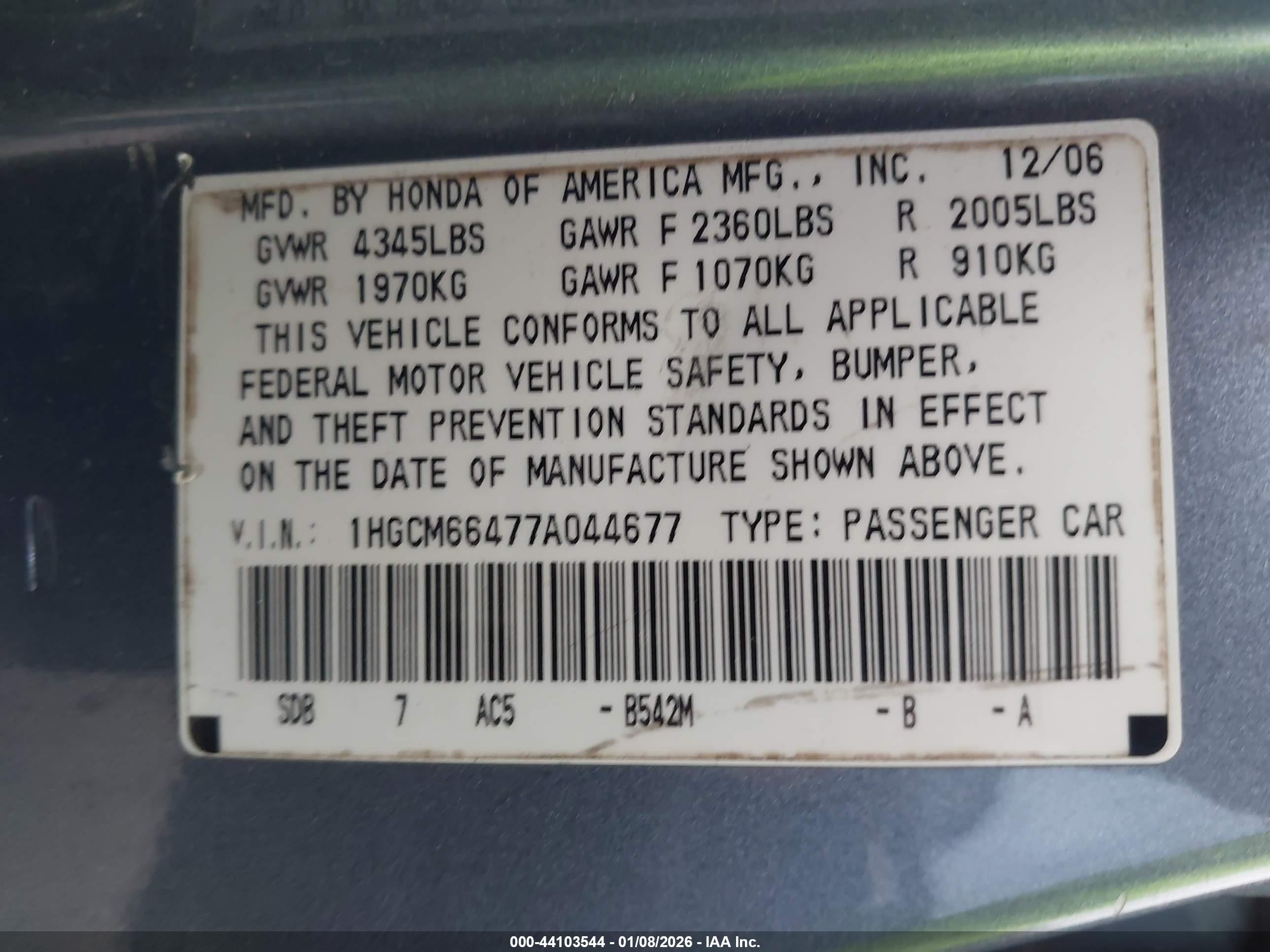 2007 Honda Accord 3.0 Se Gray vin: 1HGCM66477A044677
