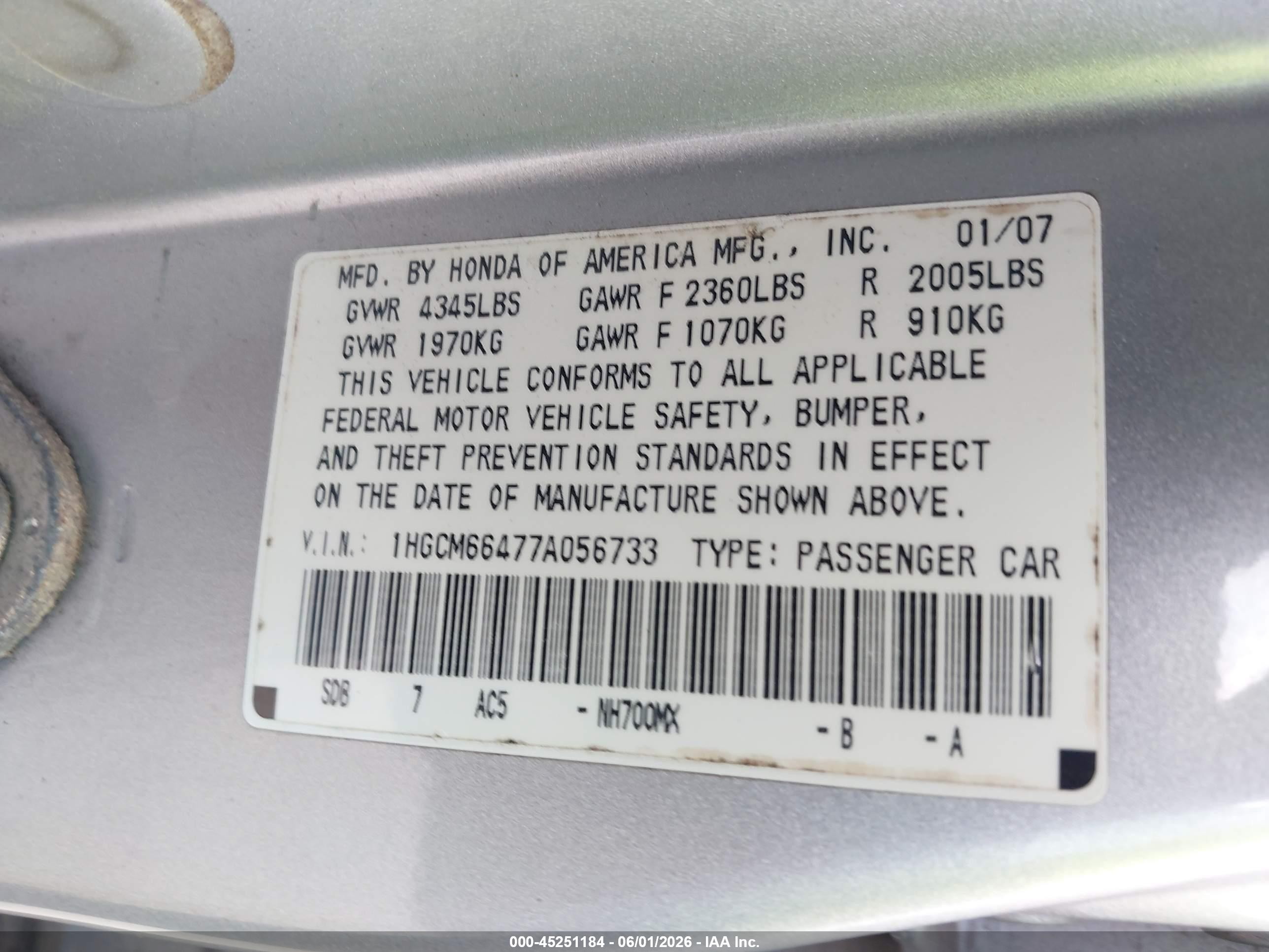 2007 Honda Accord 3.0 Se Silver vin: 1HGCM66477A056733