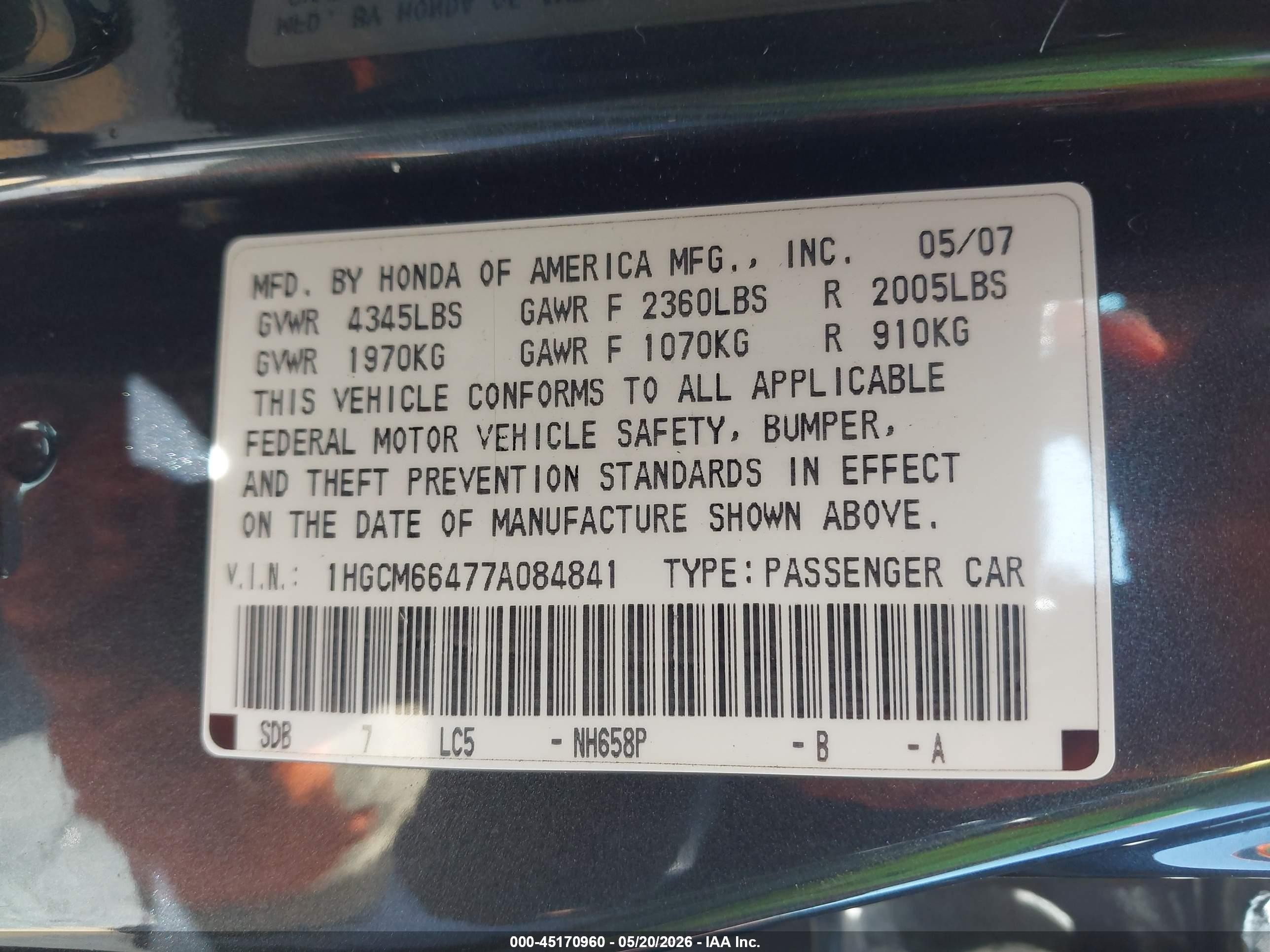 2007 Honda Accord 3.0 Se Gray vin: 1HGCM66477A084841
