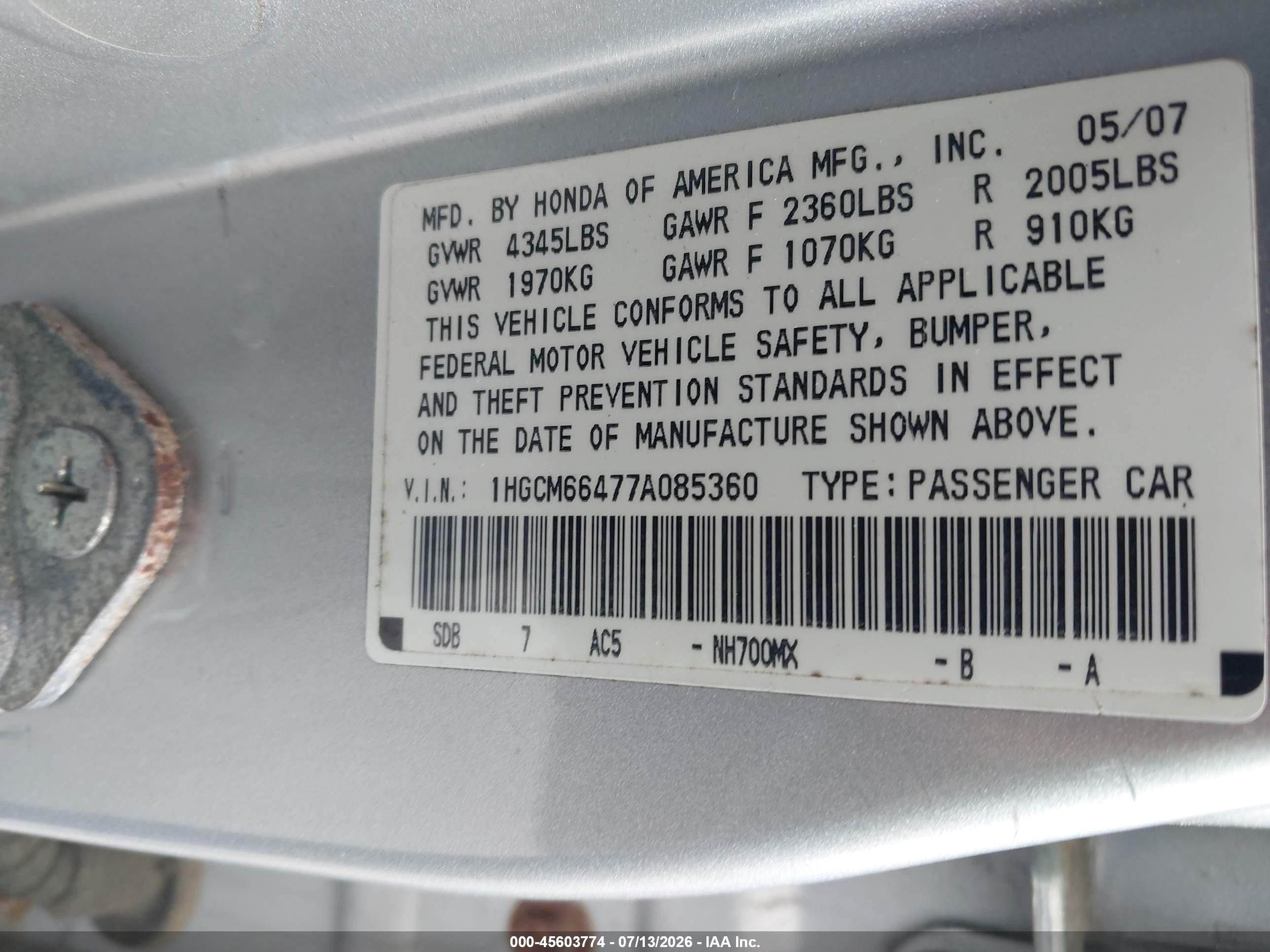 2007 Honda Accord 3.0 Se Gray vin: 1HGCM66477A085360