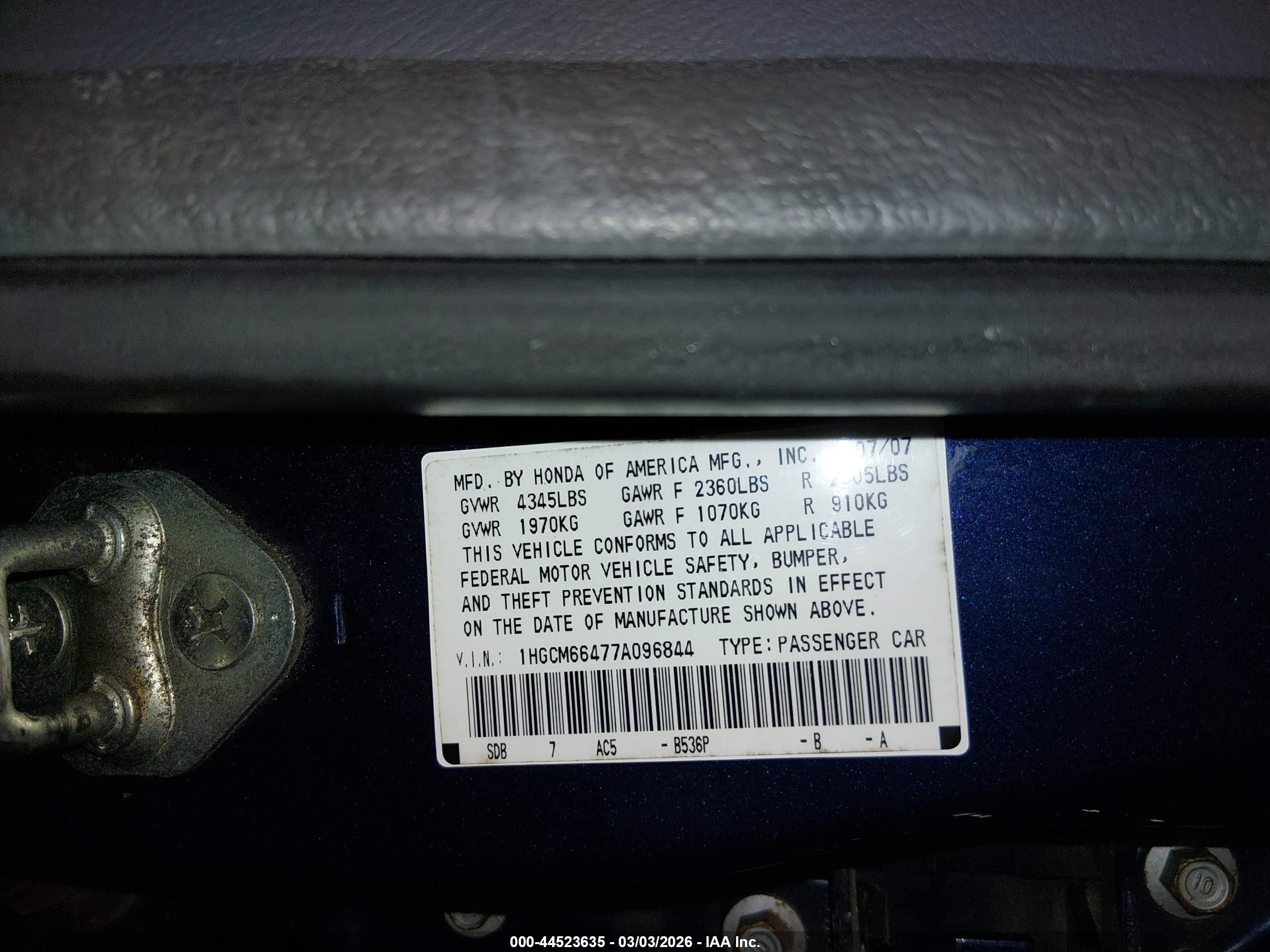 2007 Honda Accord 3.0 Se Dark Blue vin: 1HGCM66477A096844