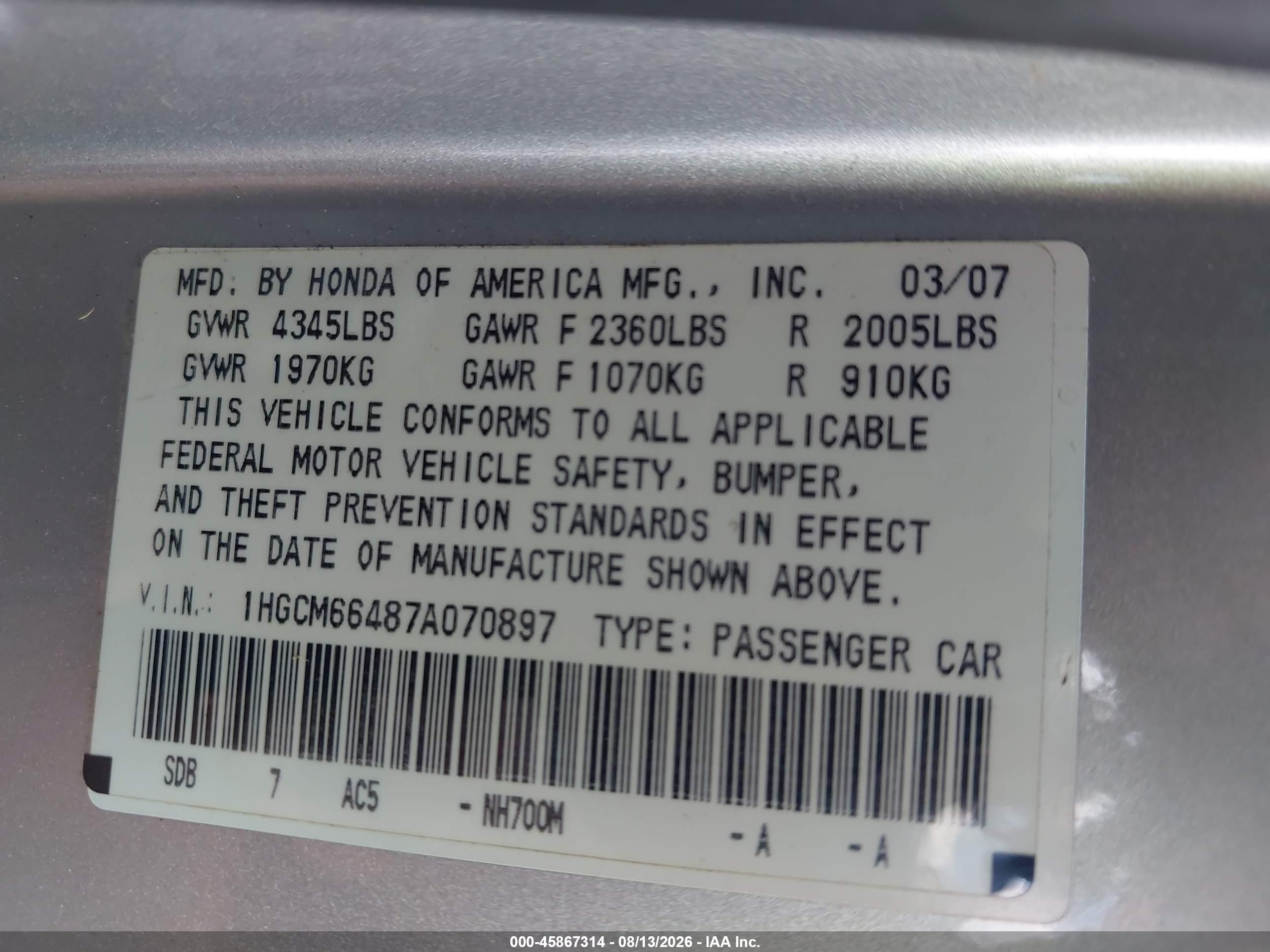 2007 Honda Accord 3.0 Se Pink vin: 1HGCM66487A070897
