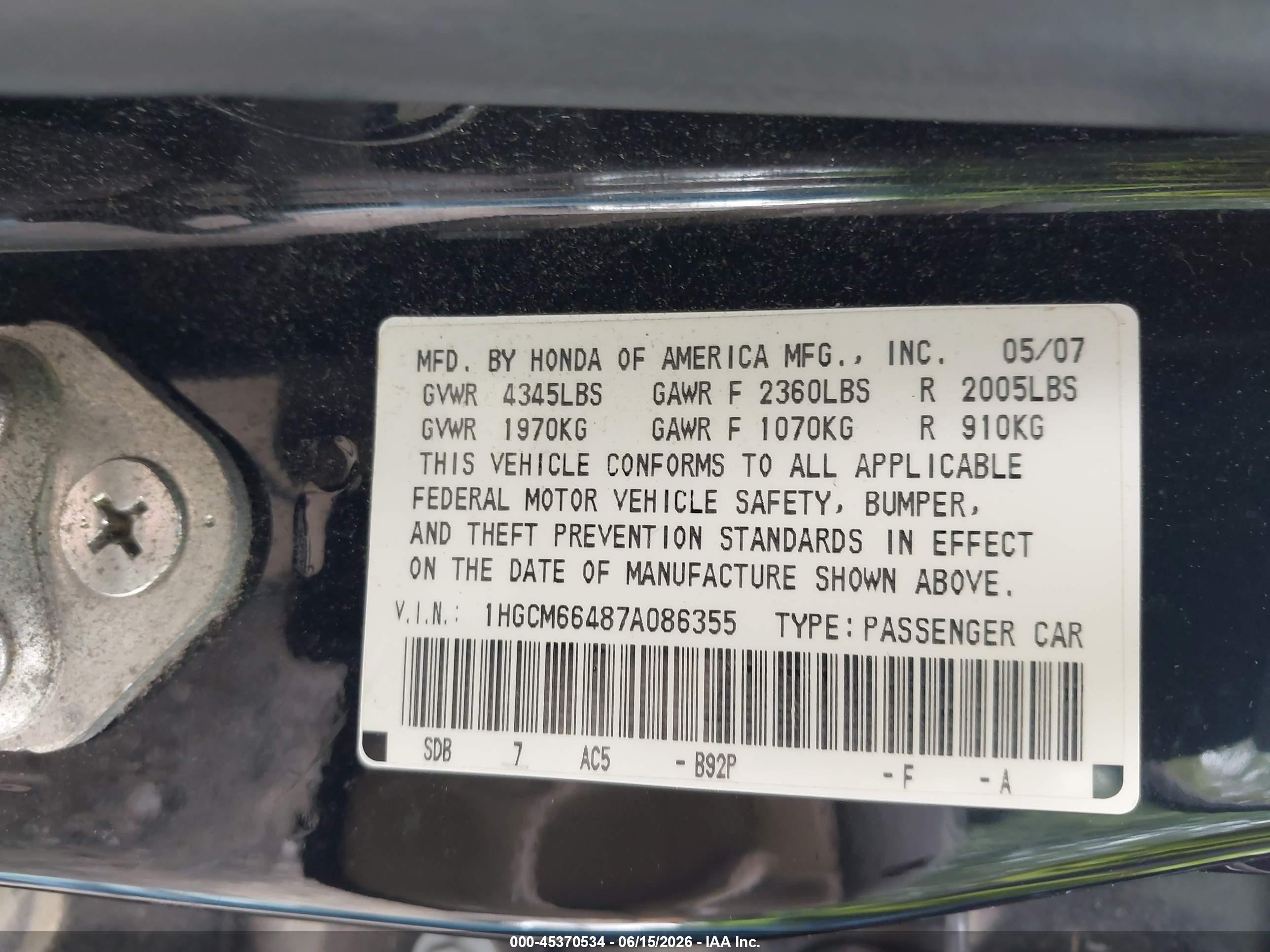 2007 Honda Accord 3.0 Se Черный vin: 1HGCM66487A086355