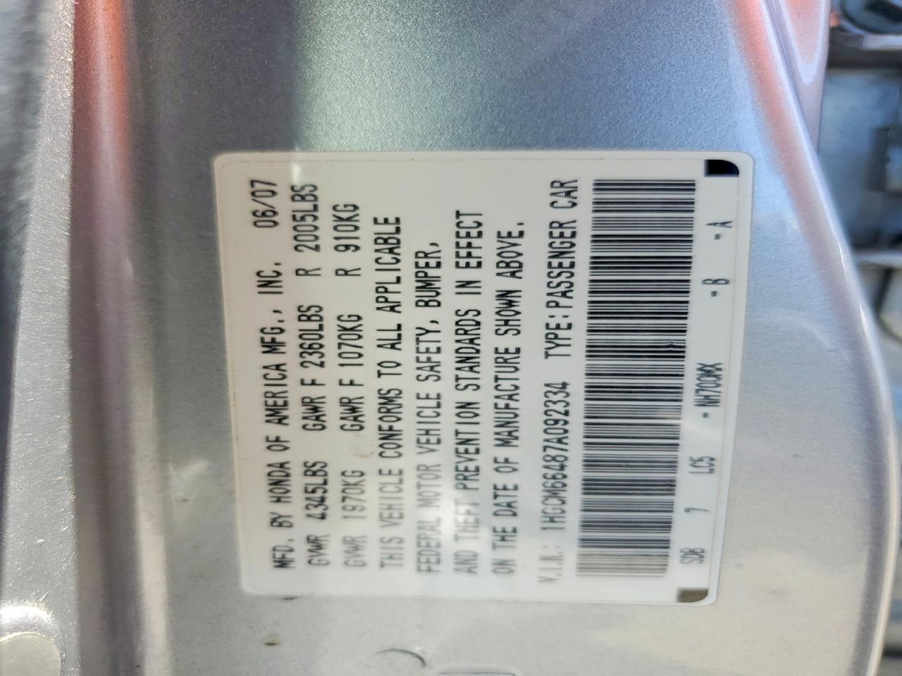 2007 Honda Accord Se Silver vin: 1HGCM66487A092334