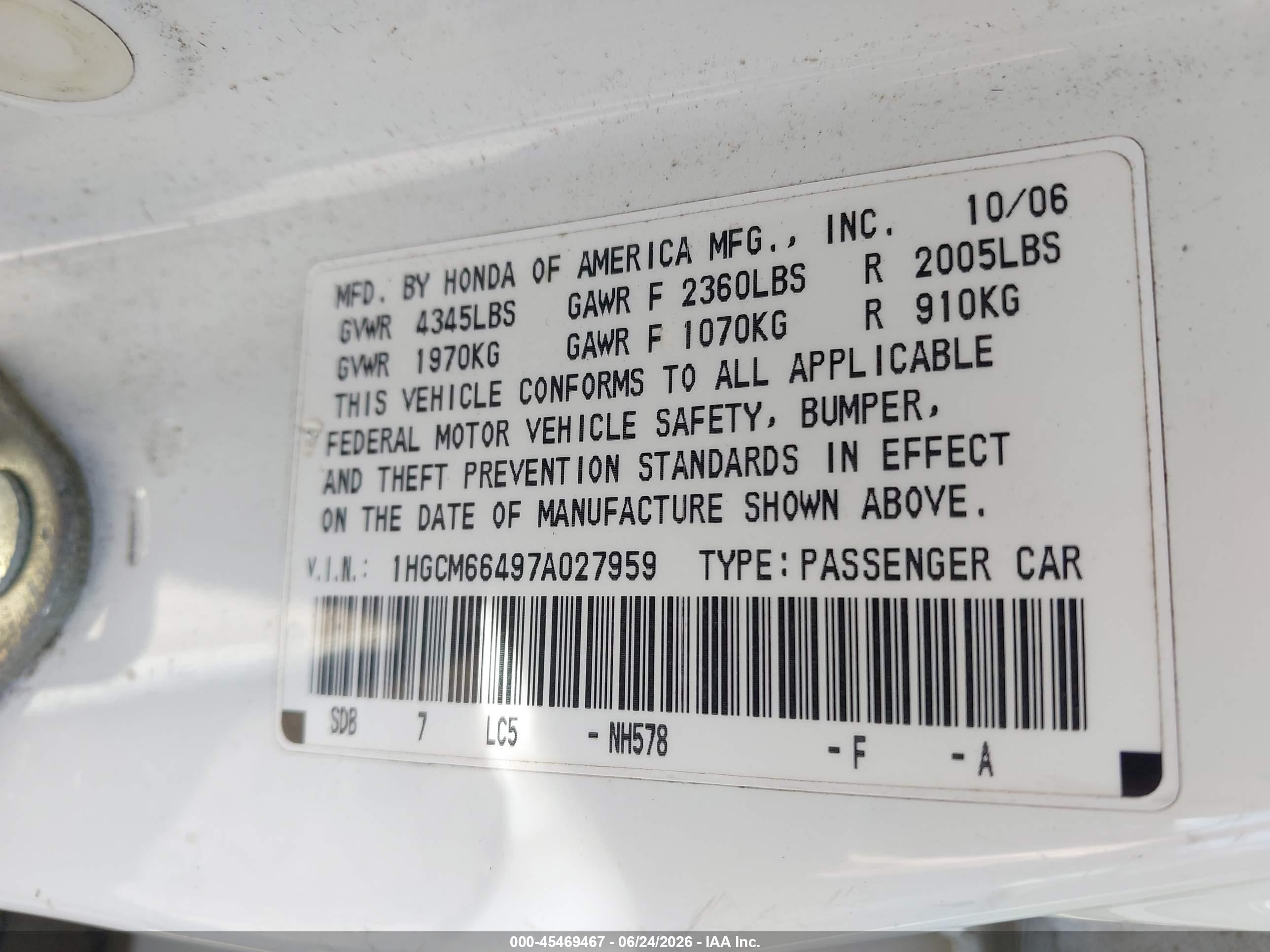 2007 Honda Accord 3.0 Se White vin: 1HGCM66497A027959