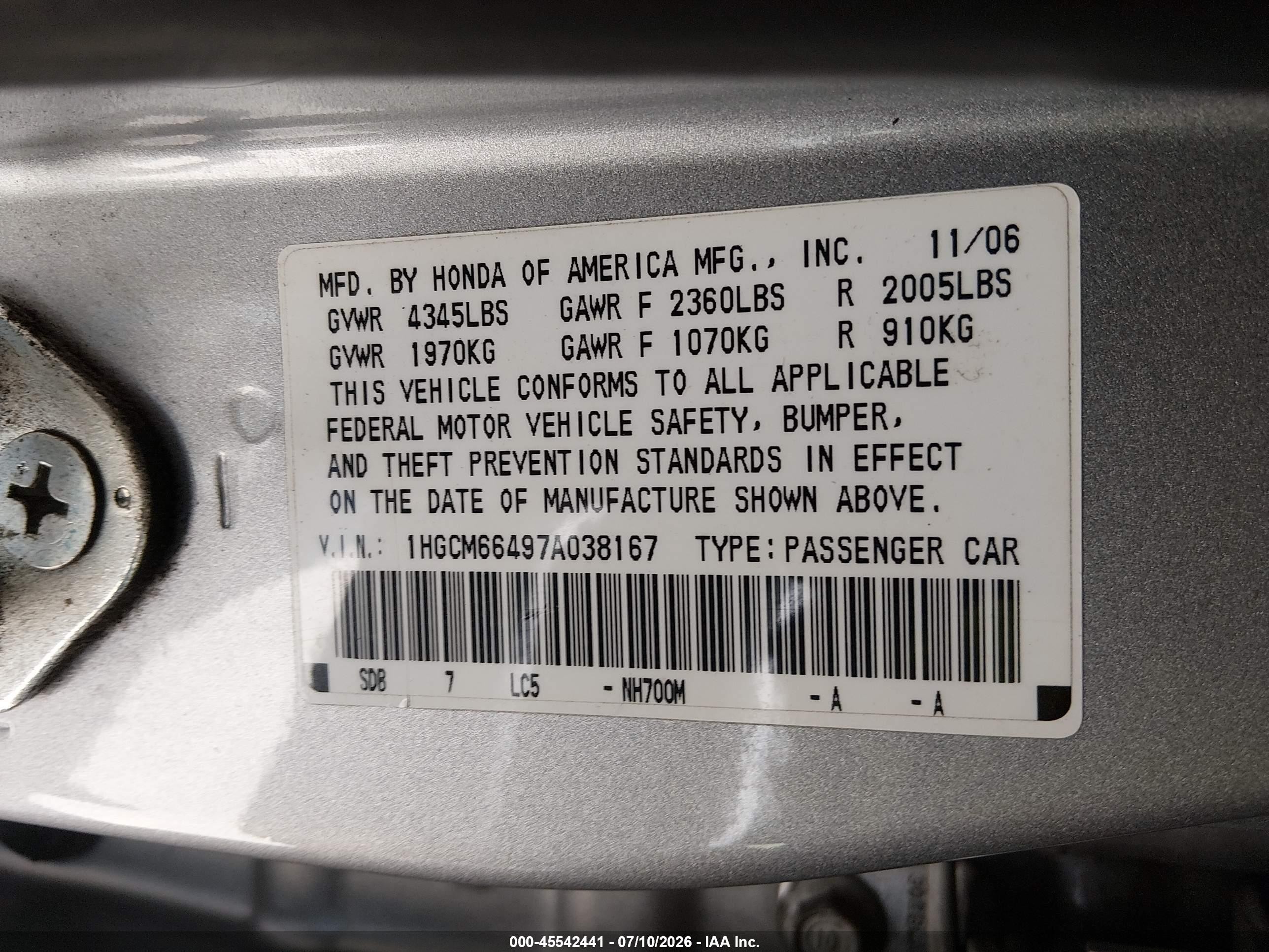 2007 Honda Accord 3.0 Se Gray vin: 1HGCM66497A038167
