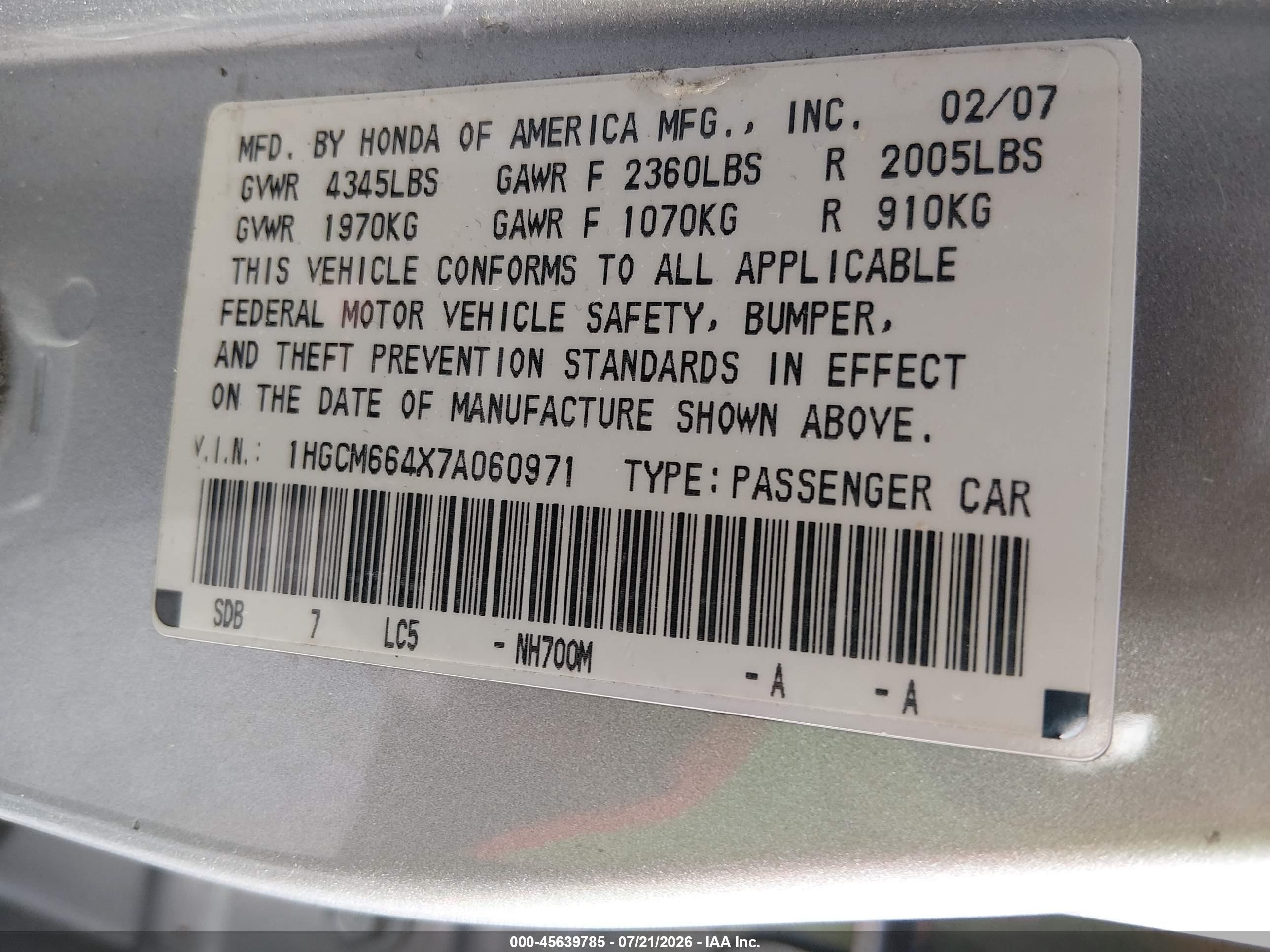 2007 Honda Accord 3.0 Se Gray vin: 1HGCM664X7A060971