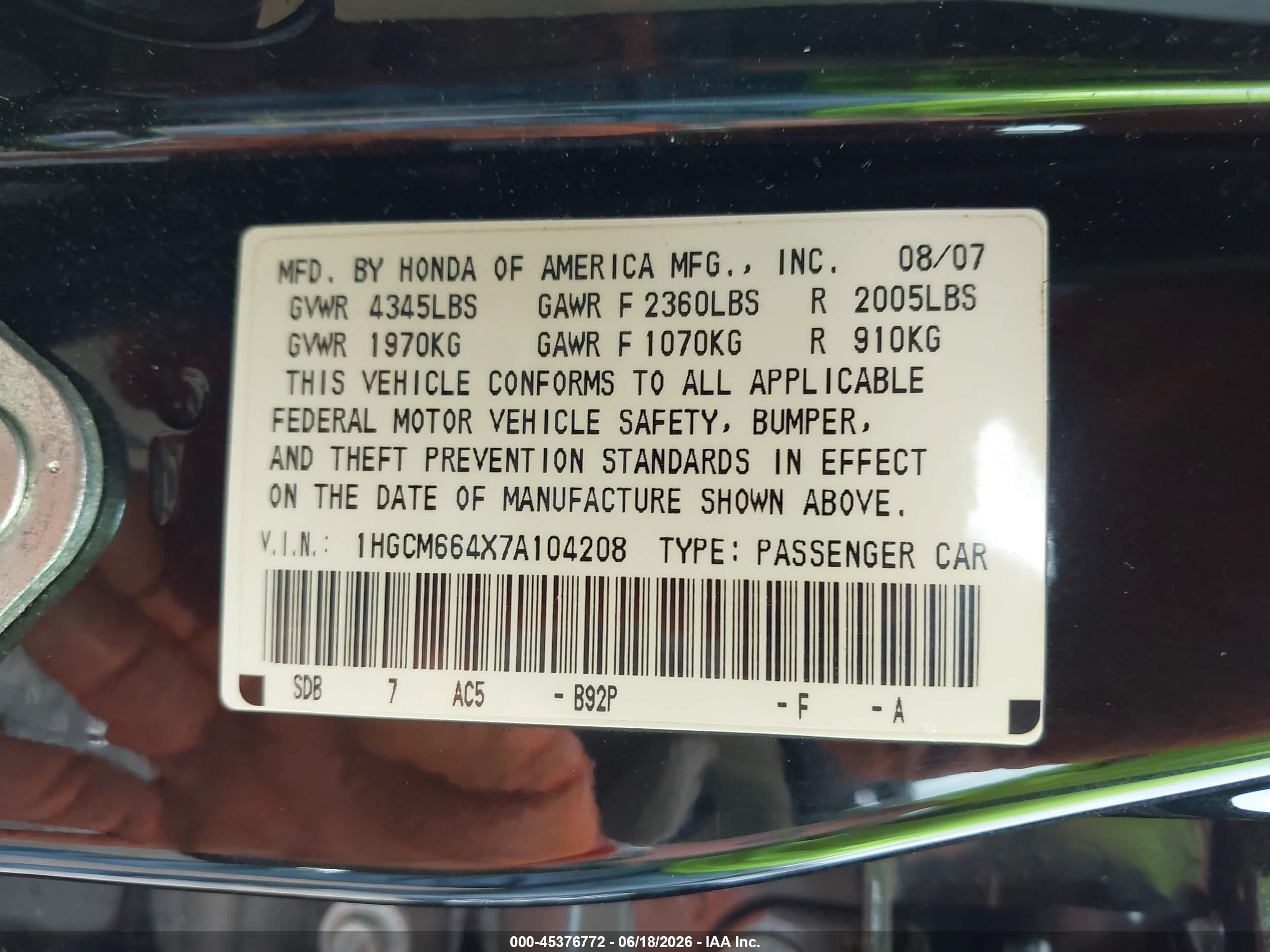 2007 Honda Accord 3.0 Se Blue vin: 1HGCM664X7A104208