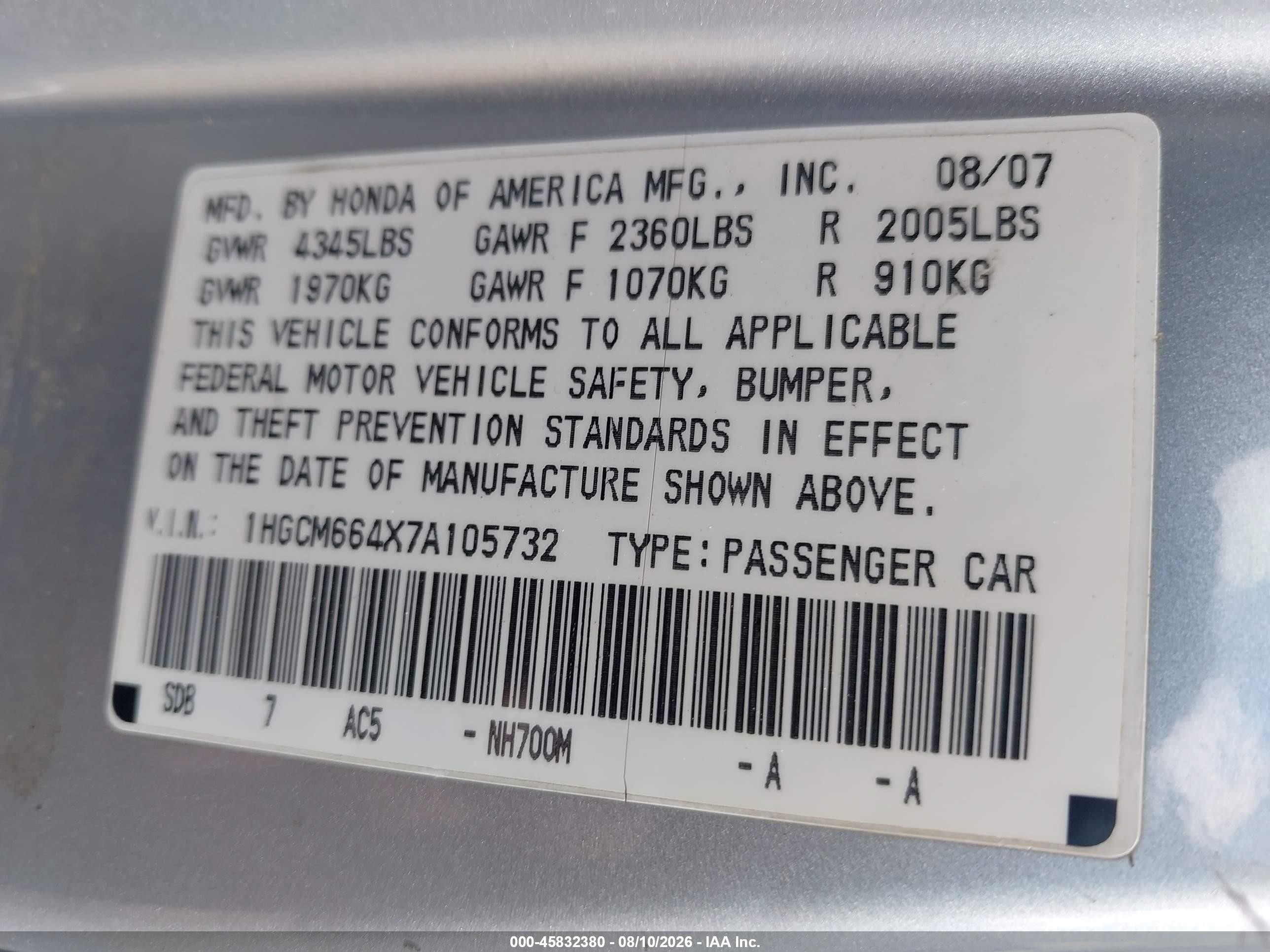 2007 Honda Accord 3.0 Se Серебряный vin: 1HGCM664X7A105732