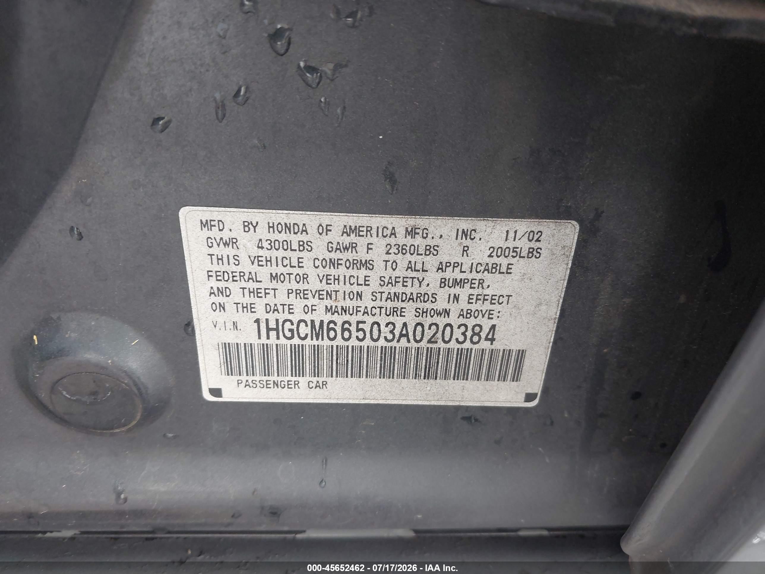 2003 Honda Accord Sdn Ex Gray vin: 1HGCM66503A020384