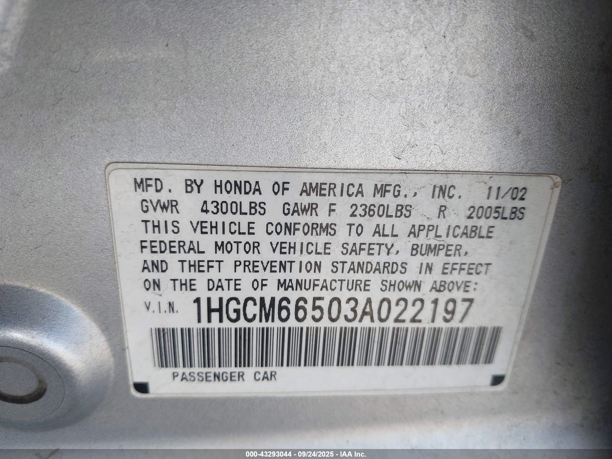 2003 Honda Accord 3.0 Ex Silver vin: 1HGCM66503A022197