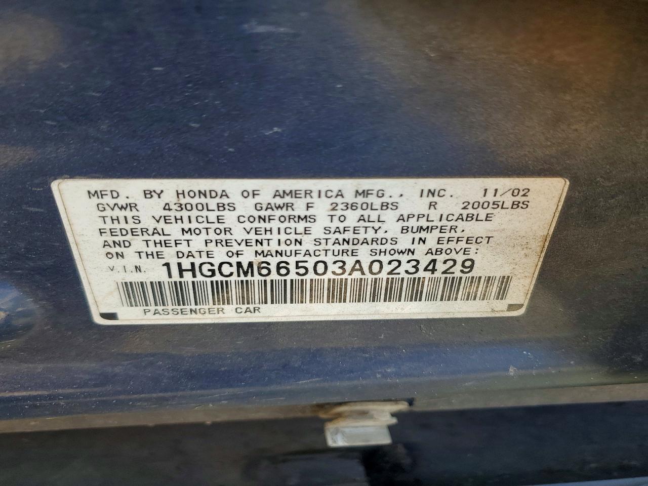 2003 Honda Accord Ex Blue vin: 1HGCM66503A023429
