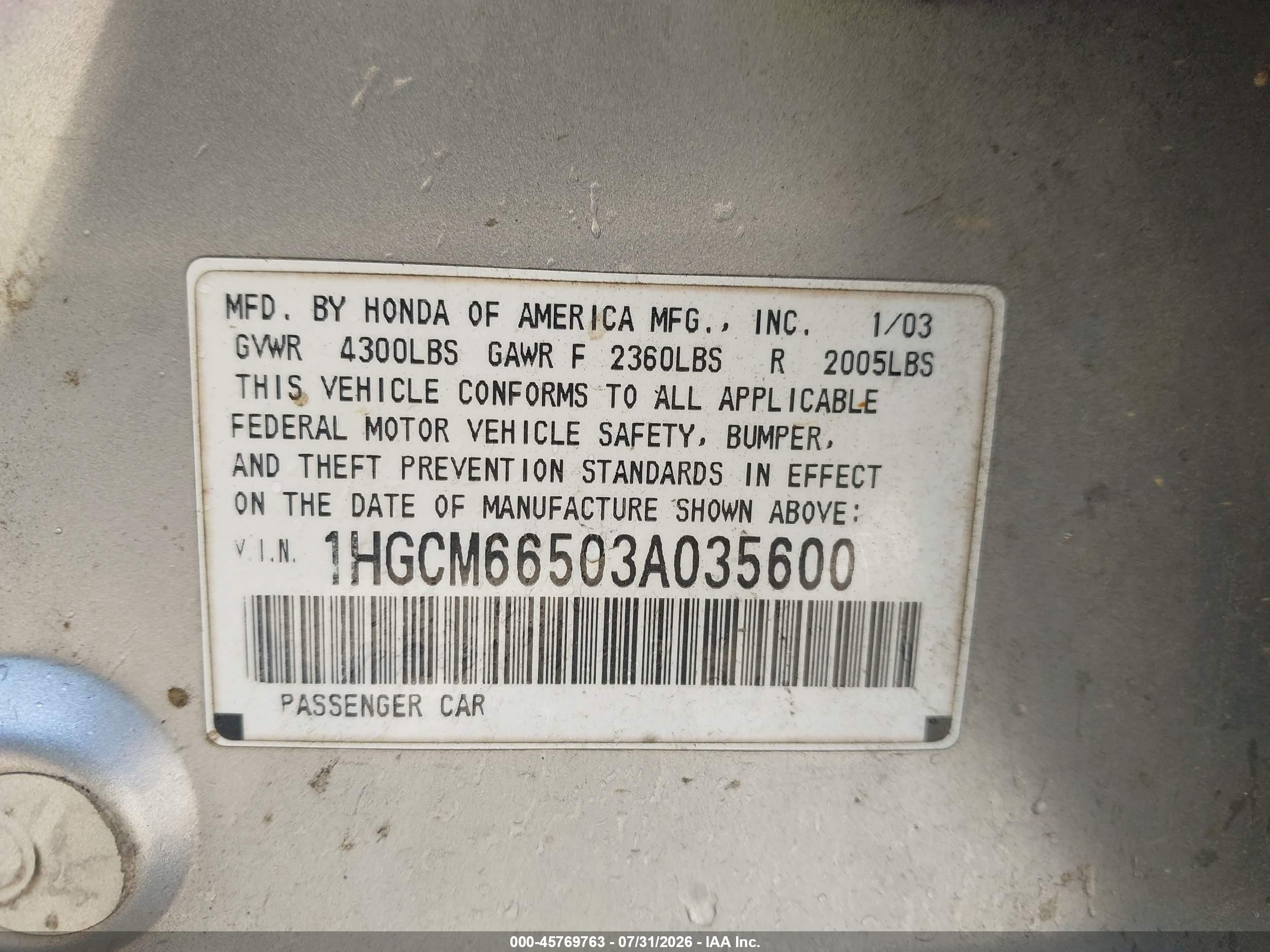 2003 Honda Accord 3.0 Ex Silver vin: 1HGCM66503A035600