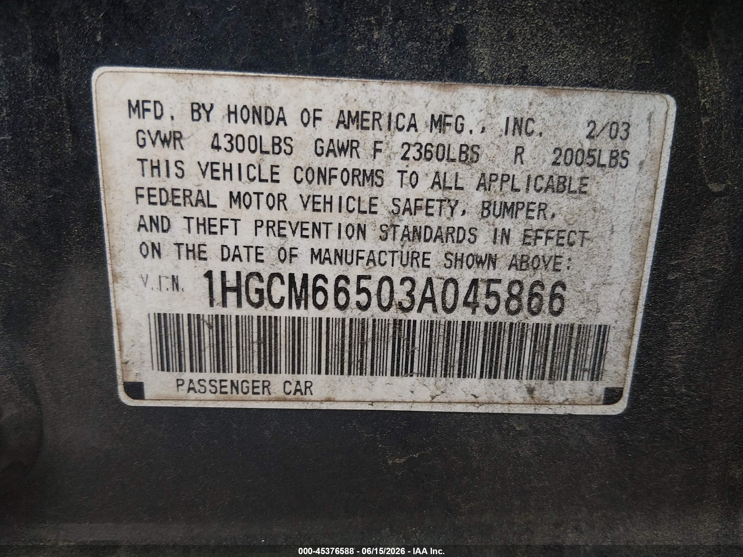 2003 Honda Accord 3.0 Ex Blue vin: 1HGCM66503A045866