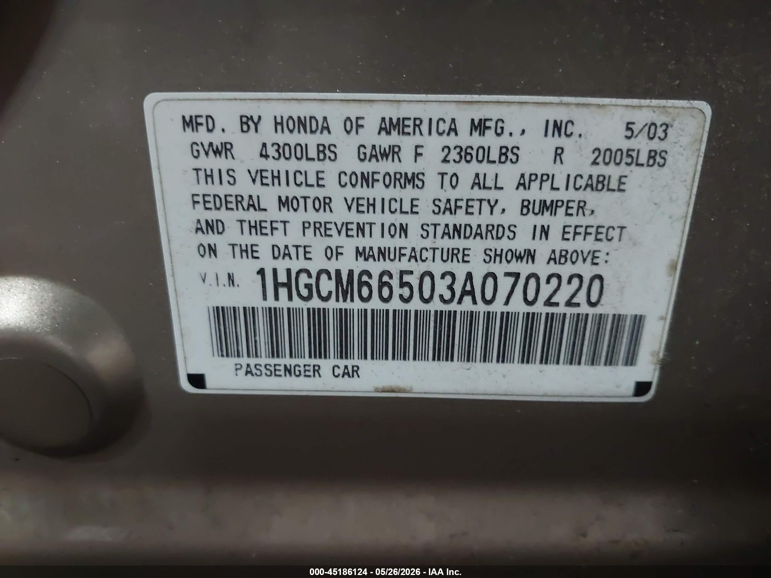 2003 Honda Accord 3.0 Ex Золотой vin: 1HGCM66503A070220