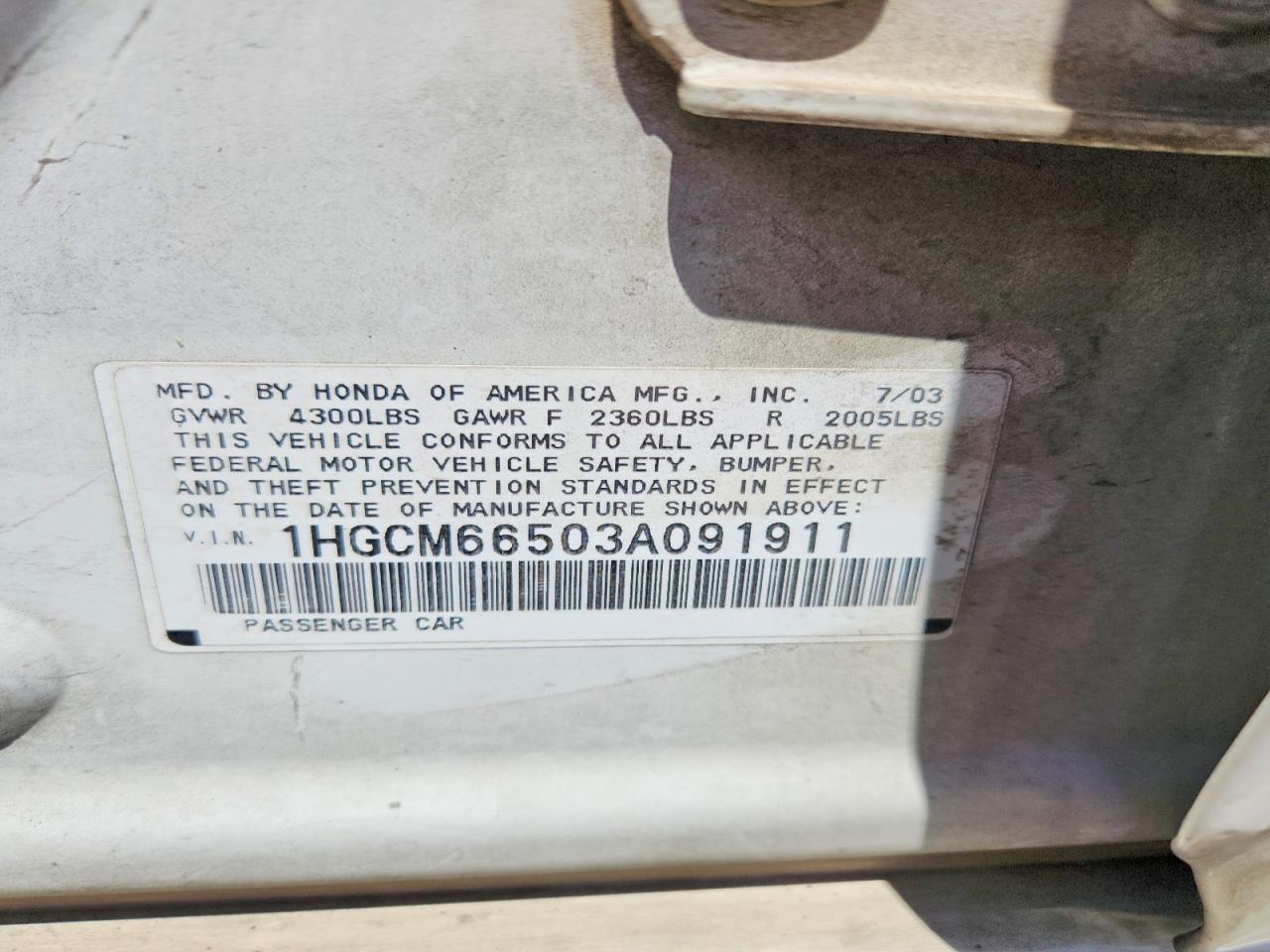 2003 Honda Accord Ex White vin: 1HGCM66503A091911