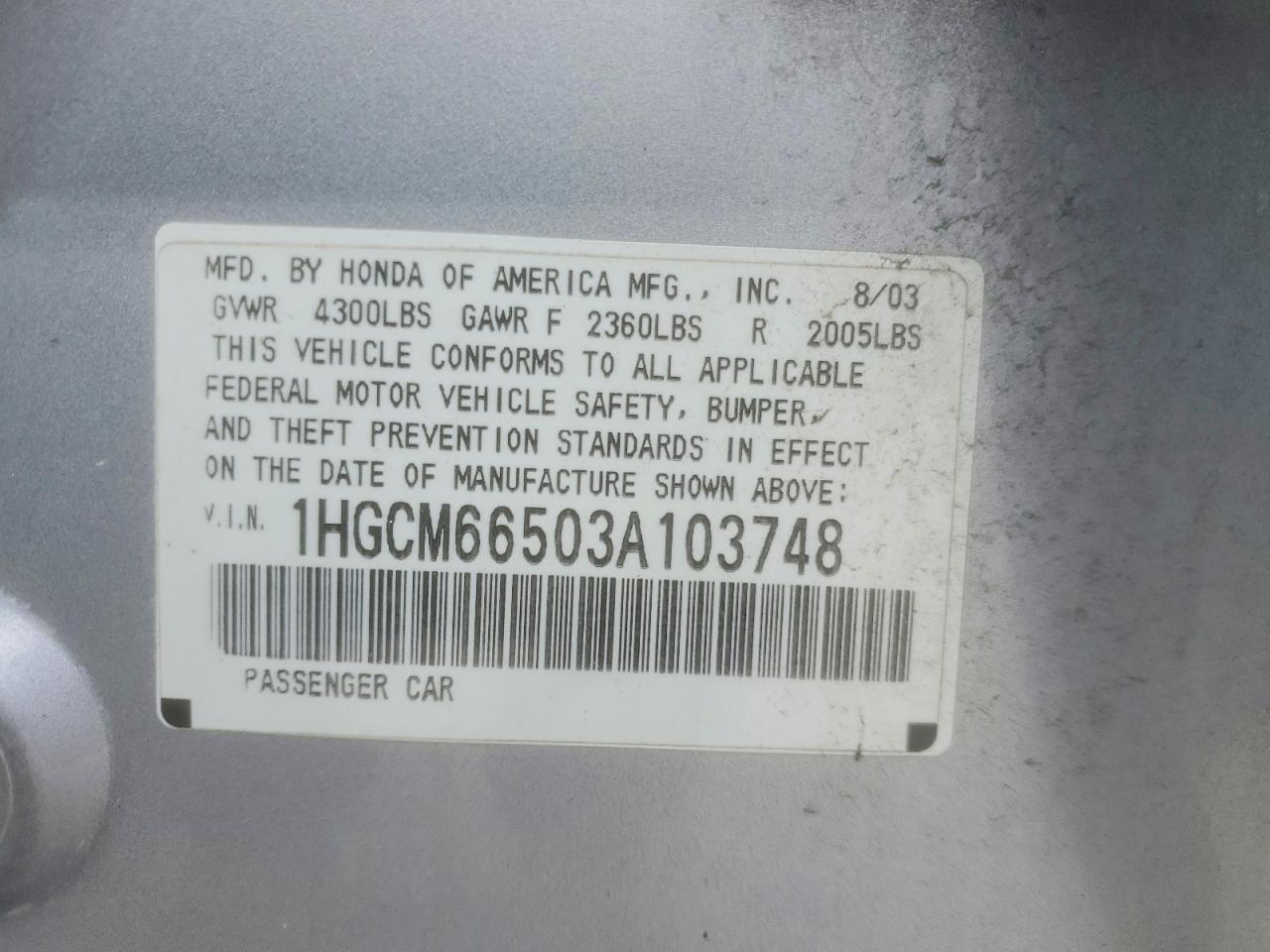 2003 Honda Accord Ex Silver vin: 1HGCM66503A103748