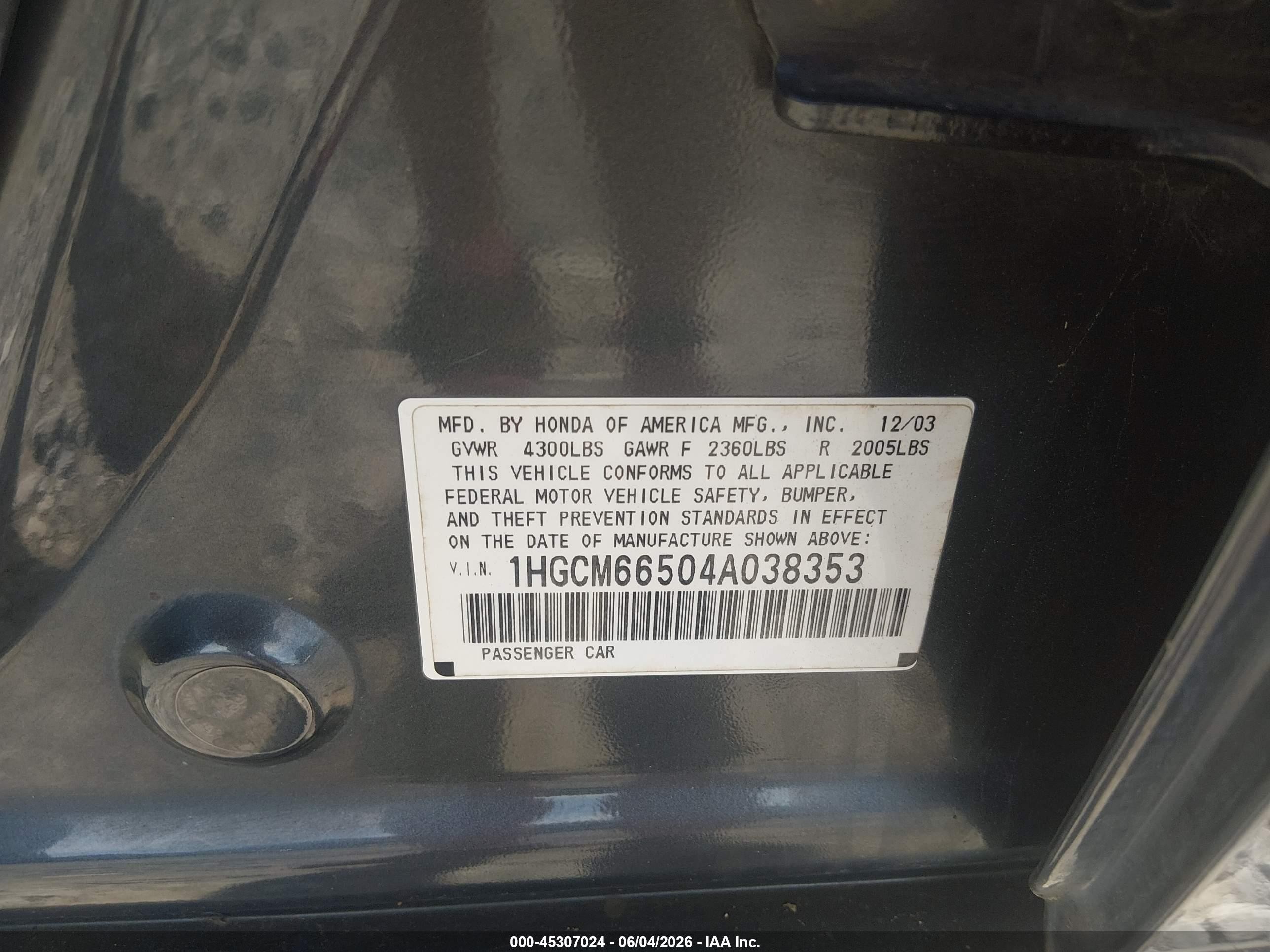 2004 Honda Accord 3.0 Ex Gray vin: 1HGCM66504A038353
