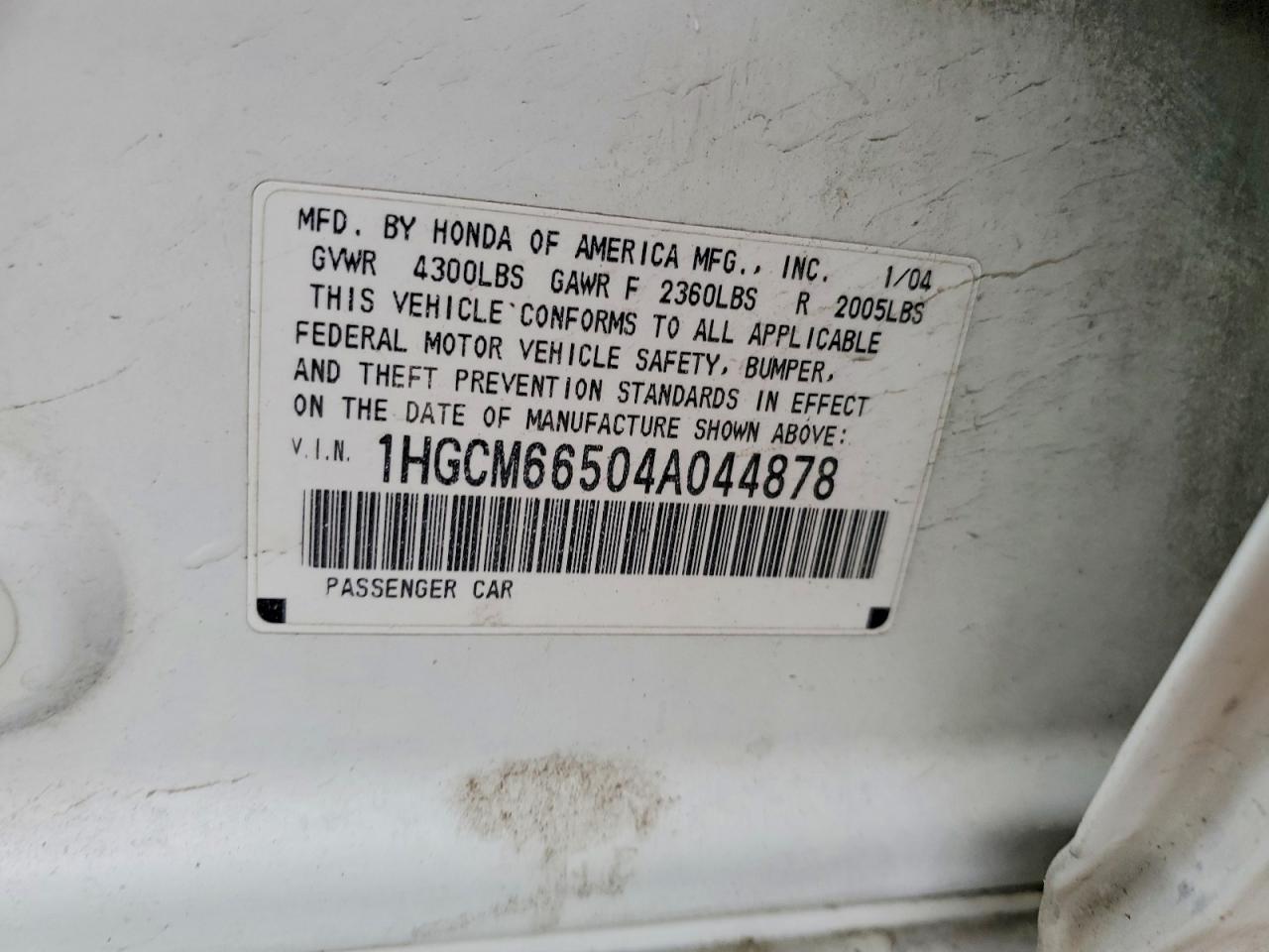 2004 Honda Accord Ex Белый vin: 1HGCM66504A044878