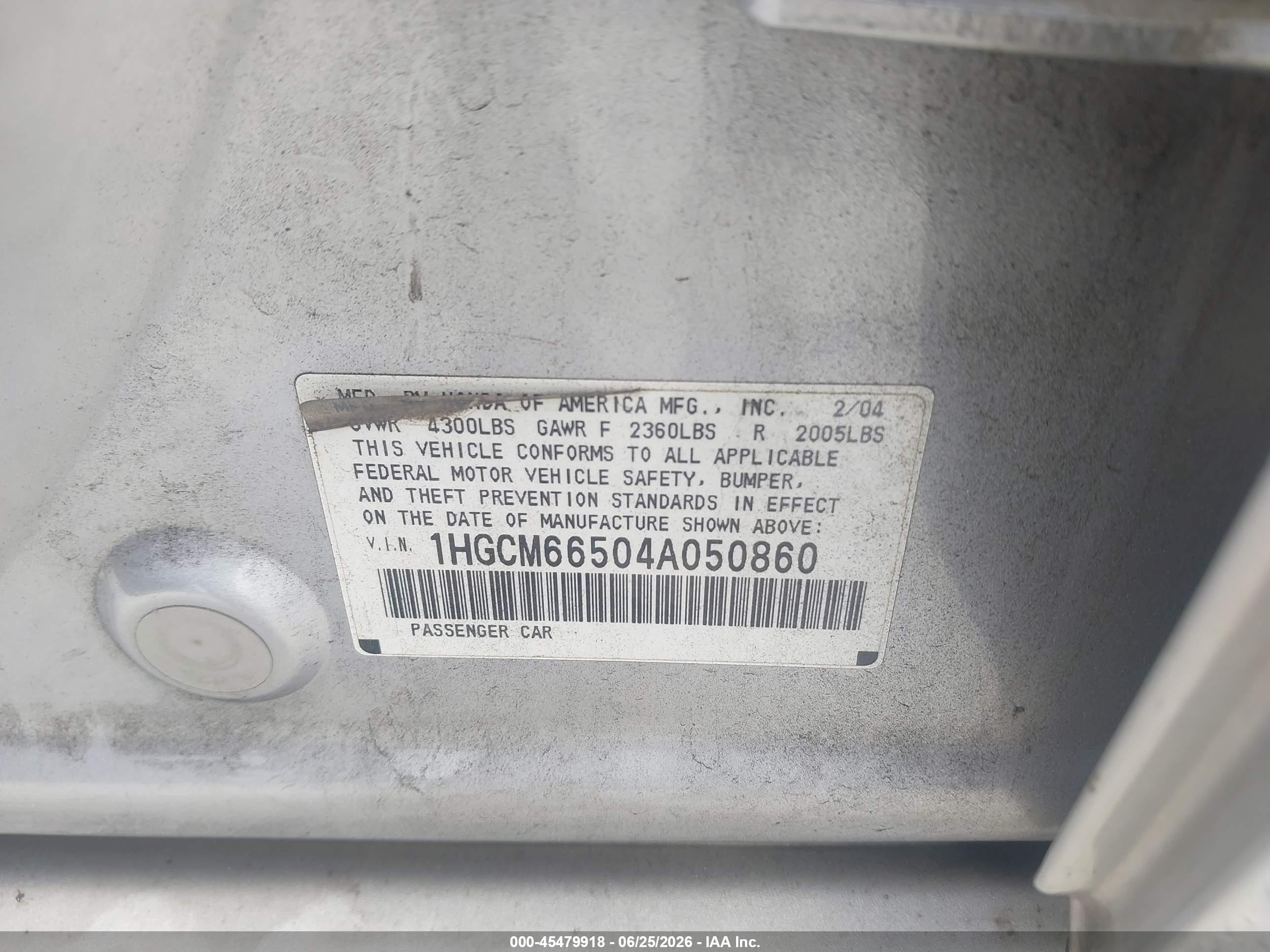 2004 Honda Accord 3.0 Ex Silver vin: 1HGCM66504A050860
