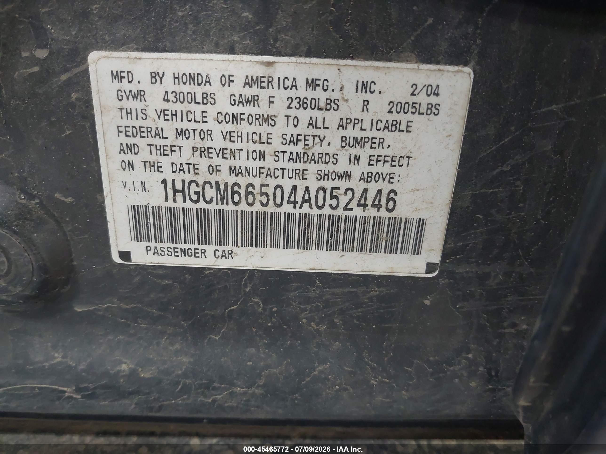 2004 Honda Accord 3.0 Ex Blue vin: 1HGCM66504A052446