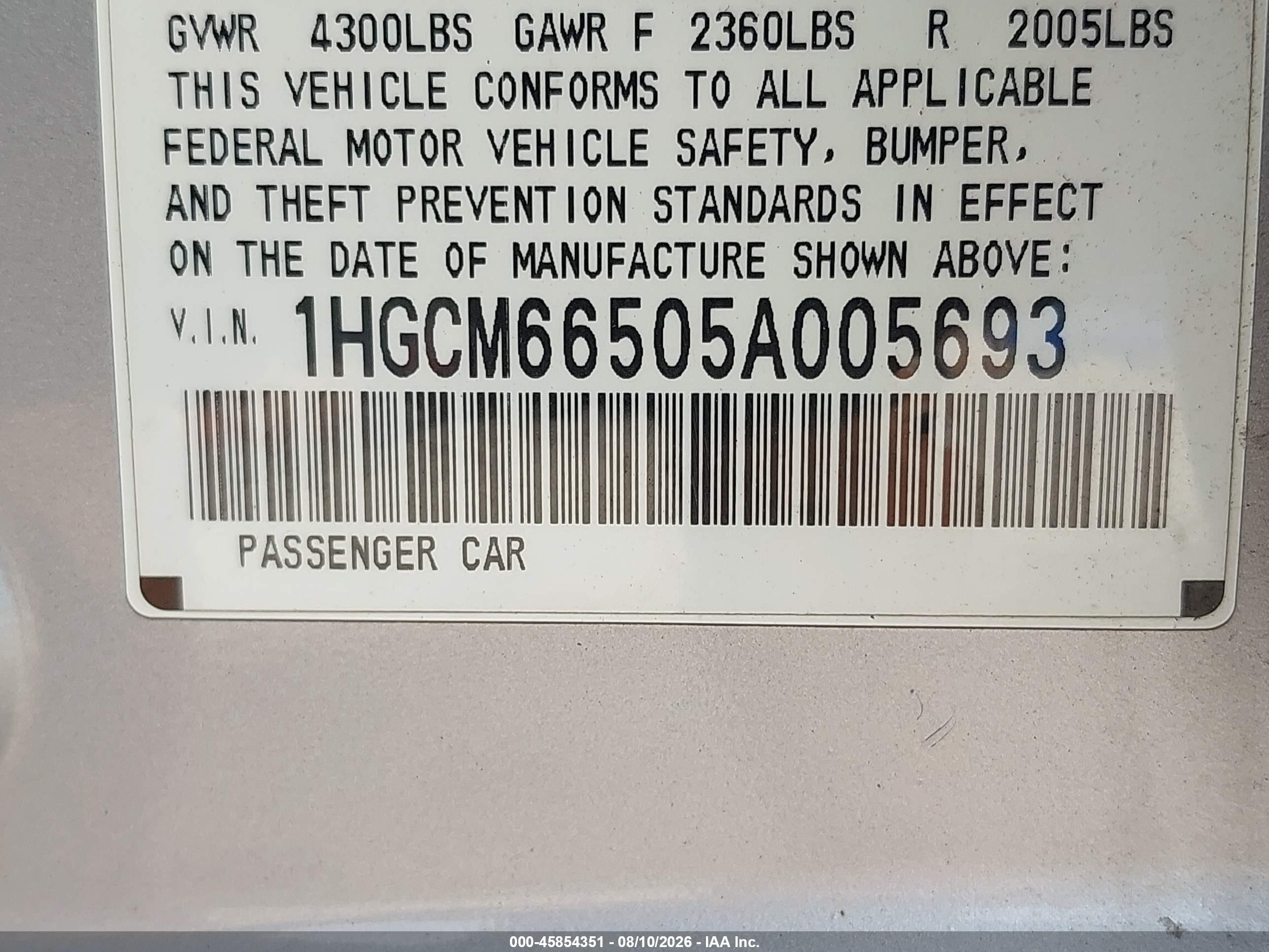 2005 Honda Accord 3.0 Ex Silver vin: 1HGCM66505A005693