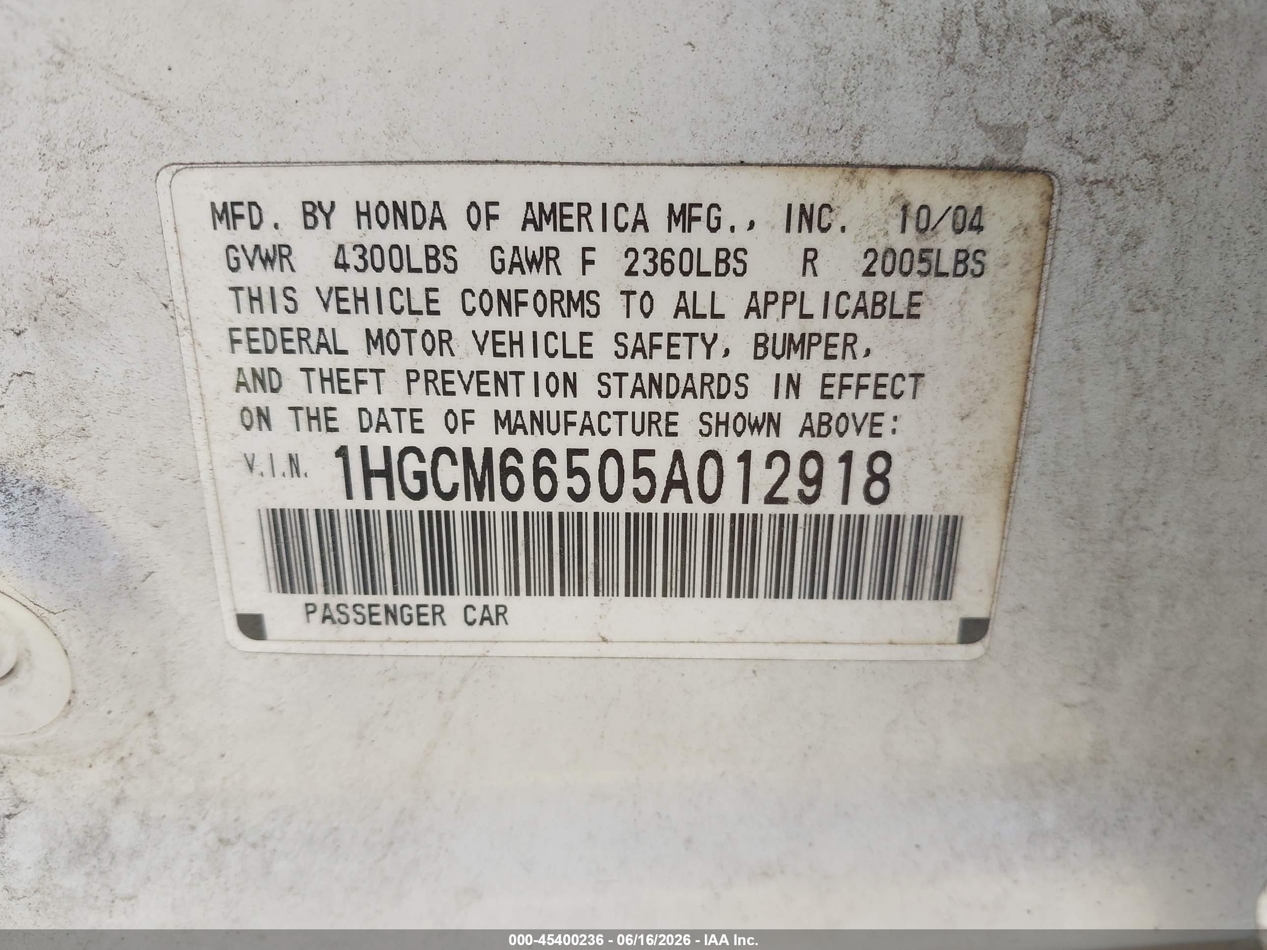 2005 Honda Accord 3.0 Ex White vin: 1HGCM66505A012918