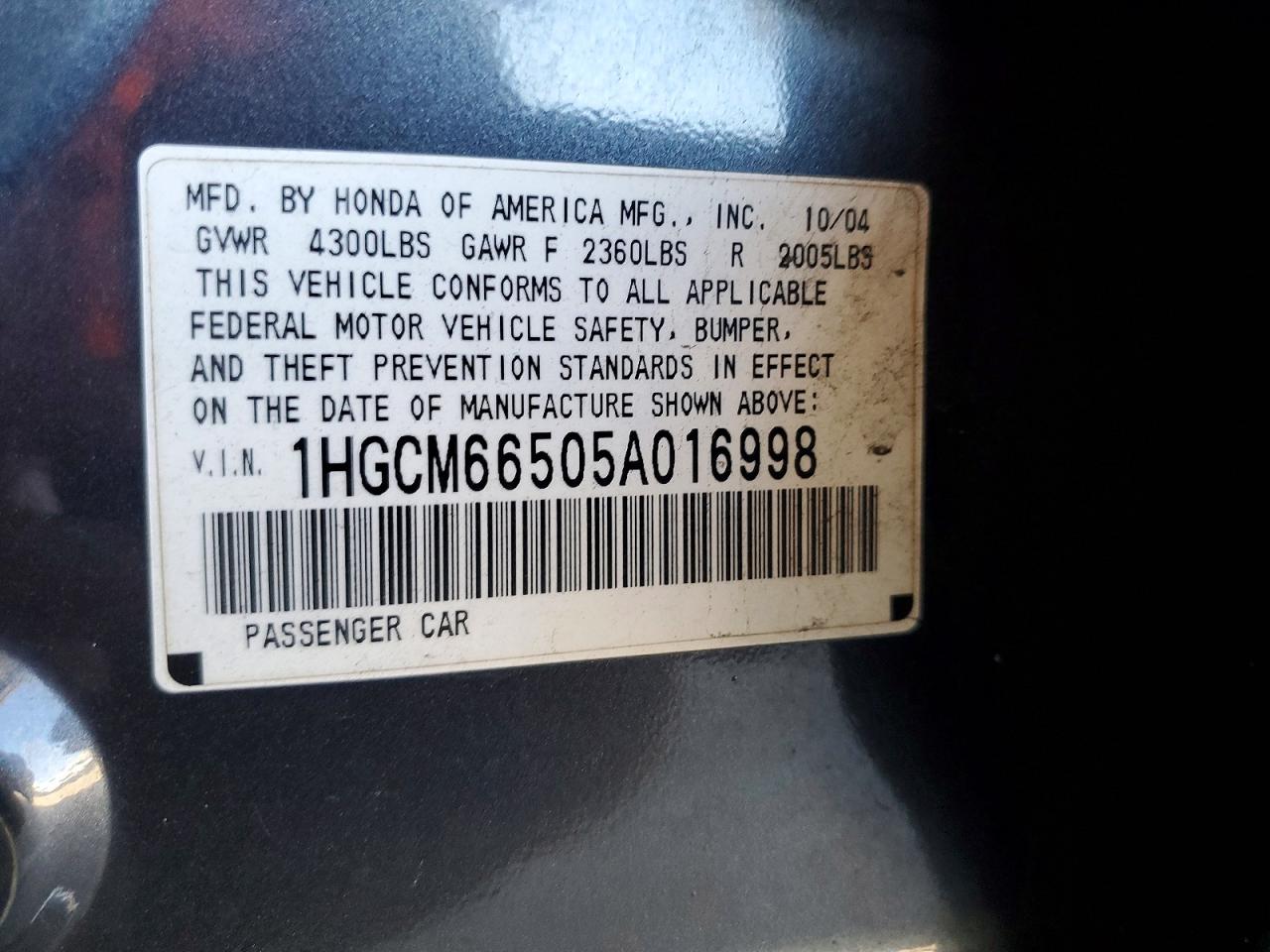 2005 Honda Accord Ex Угольный vin: 1HGCM66505A016998