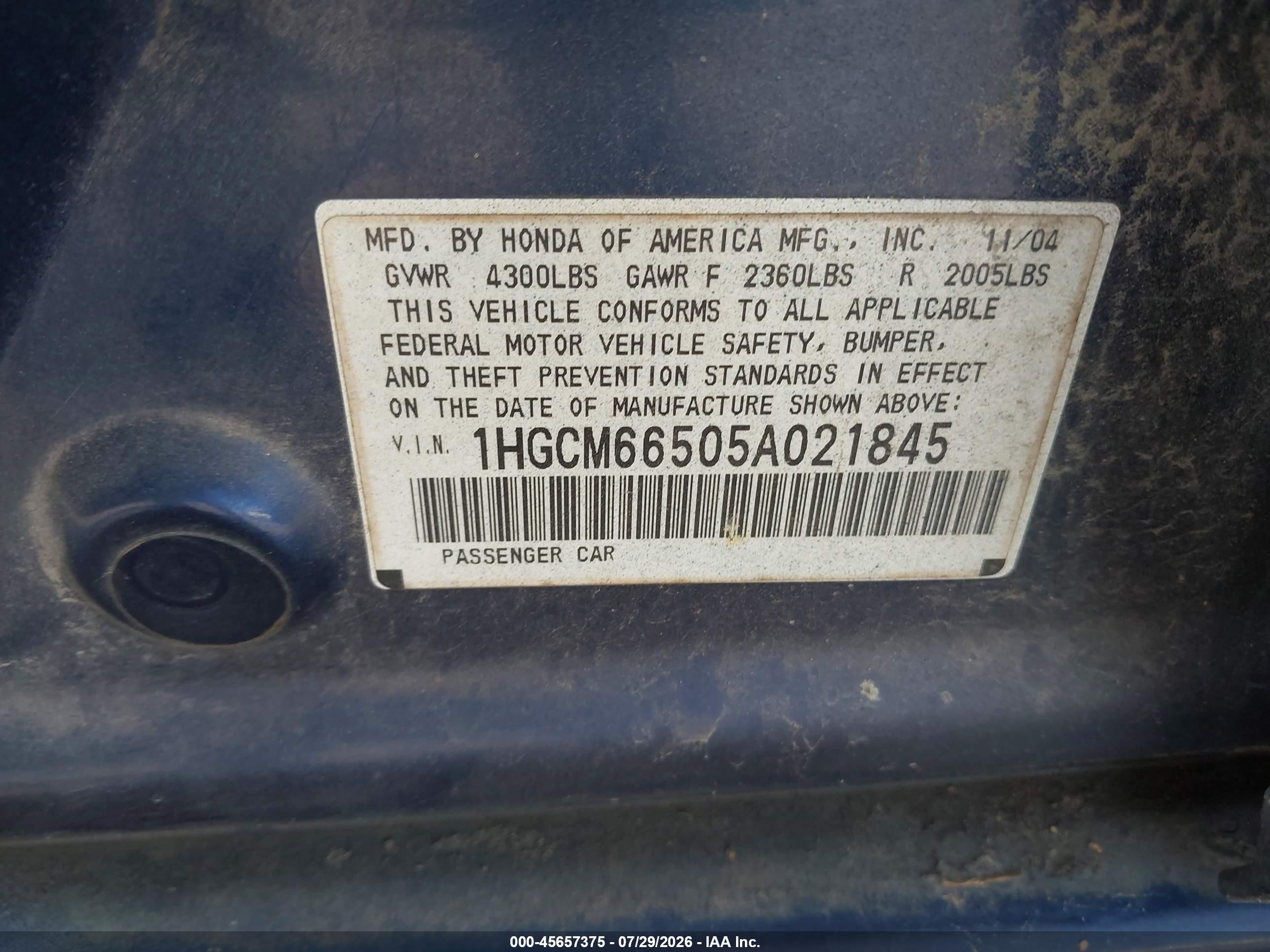 2005 Honda Accord 3.0 Ex Blue vin: 1HGCM66505A021845