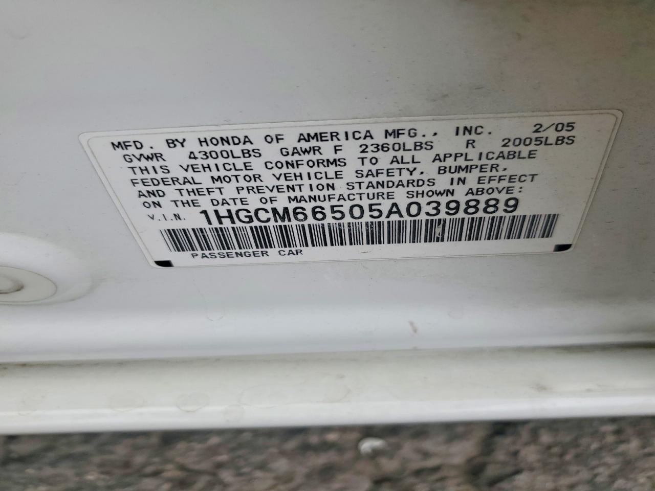 2005 Honda Accord Ex White vin: 1HGCM66505A039889