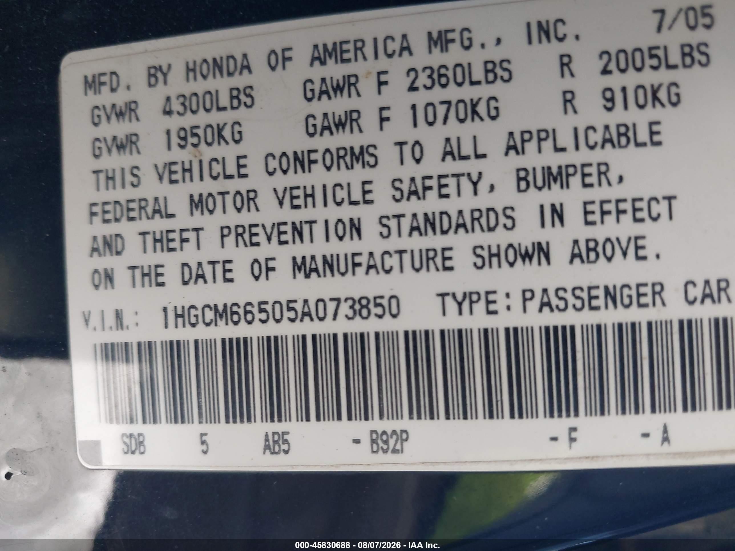 2005 Honda Accord 3.0 Ex Black vin: 1HGCM66505A073850
