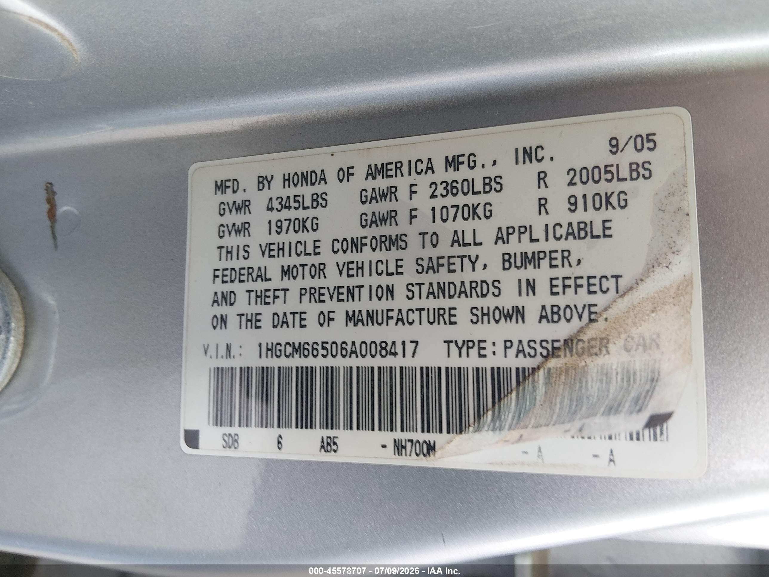 2006 Honda Accord 3.0 Ex Silver vin: 1HGCM66506A008417