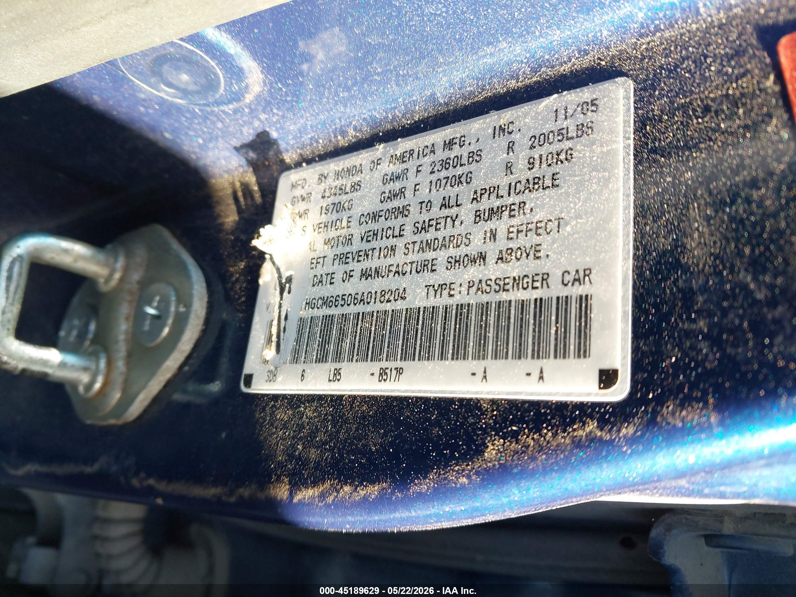 2006 Honda Accord 3.0 Ex Blue vin: 1HGCM66506A018204