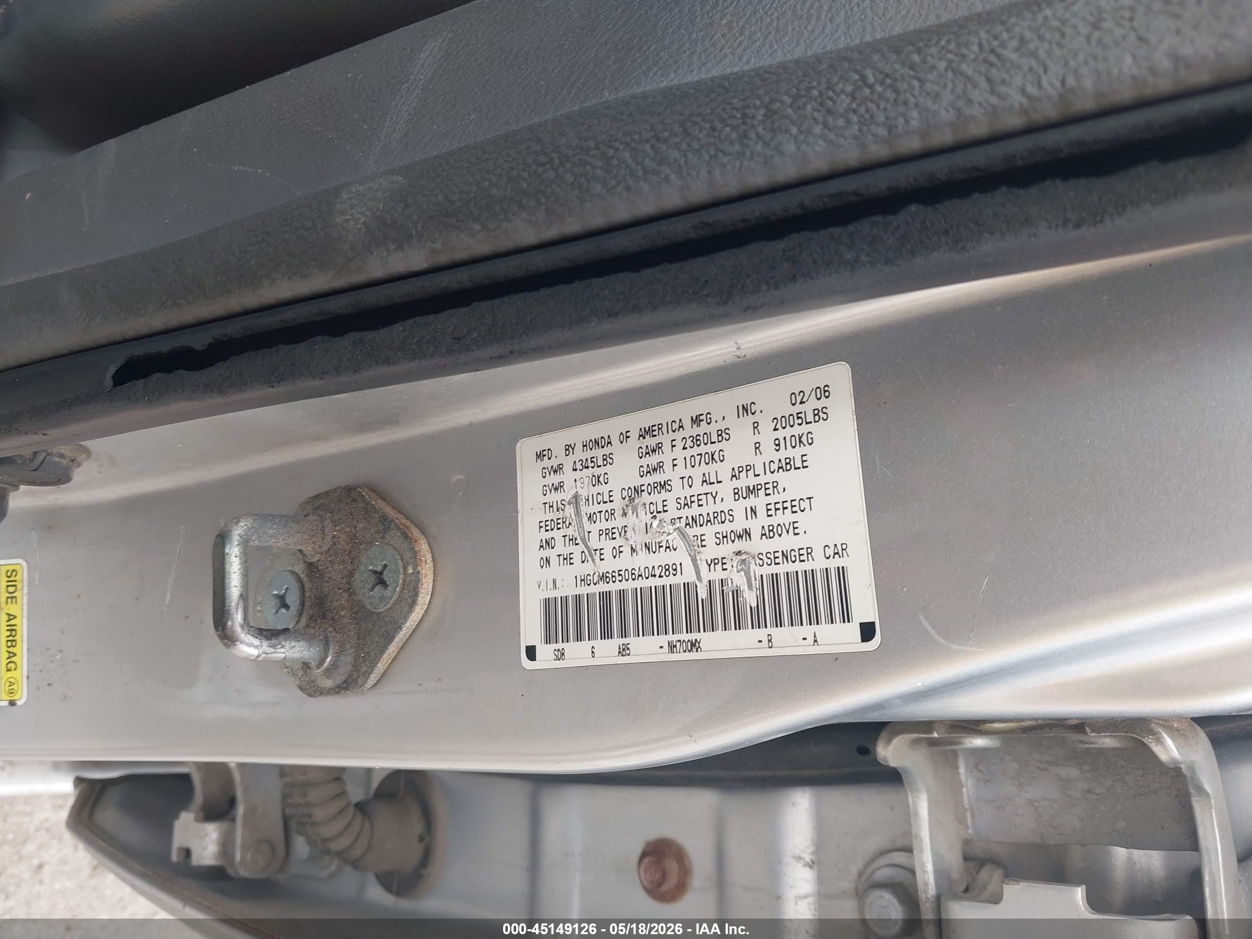 2006 Honda Accord 3.0 Ex Gray vin: 1HGCM66506A042891